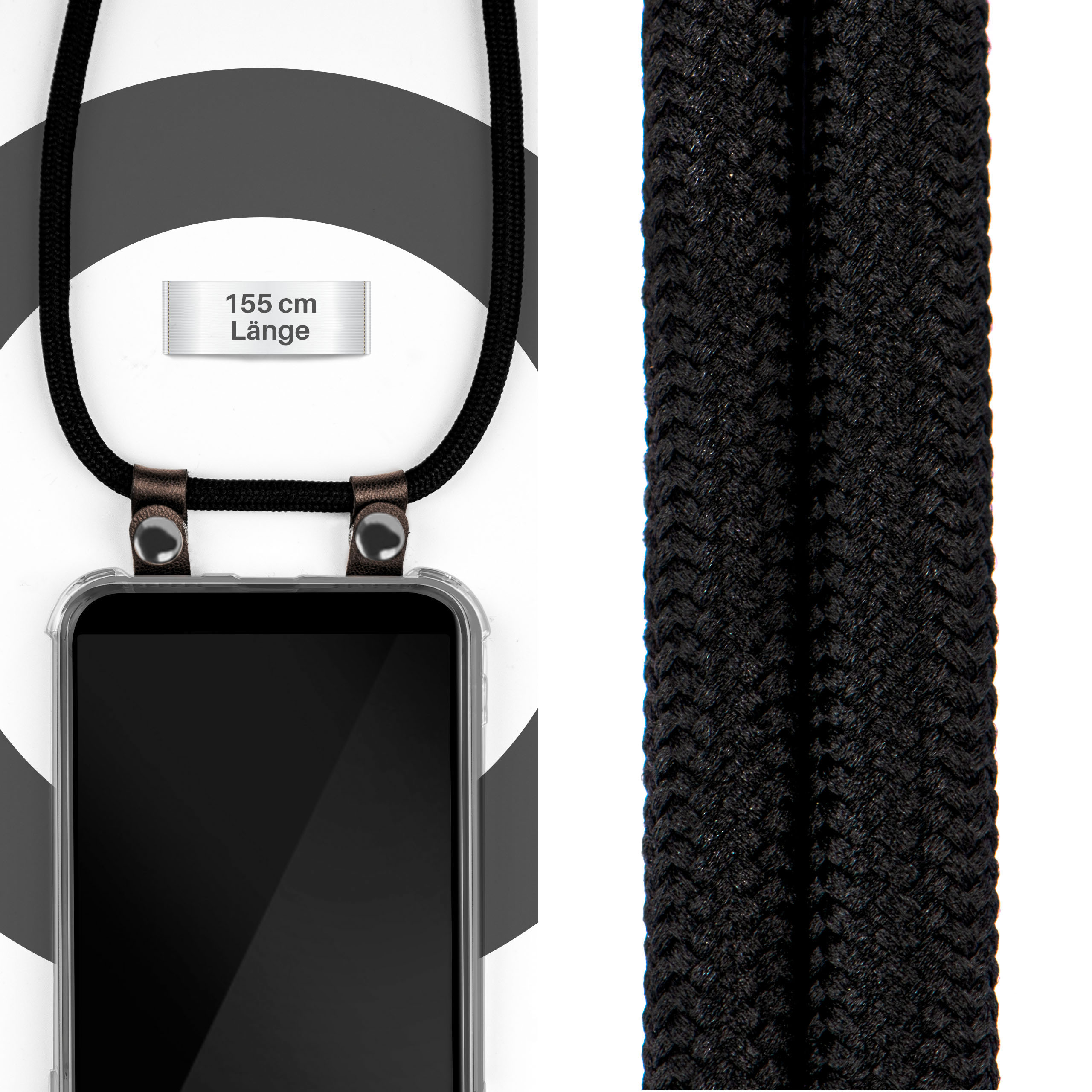 Schwarzes Telefon mit Kordel, 155 cm lang, auf schwarz-weiß gestreiftem Hintergrund.
