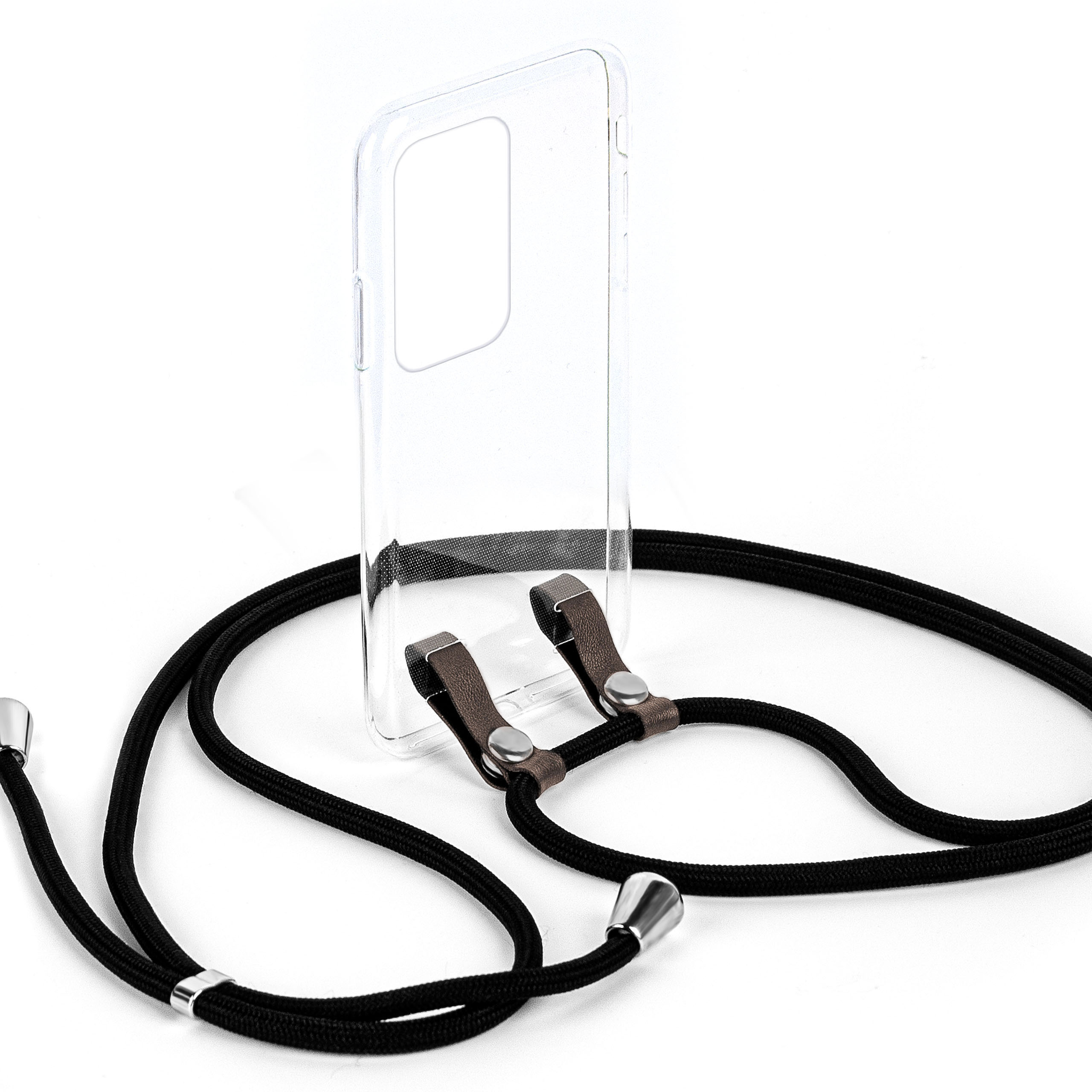 Ein Telefon in einer Hülle mit einem schwarzen, geflochtenen Kabel mit silbernen Akzenten auf weißem Hintergrund.
