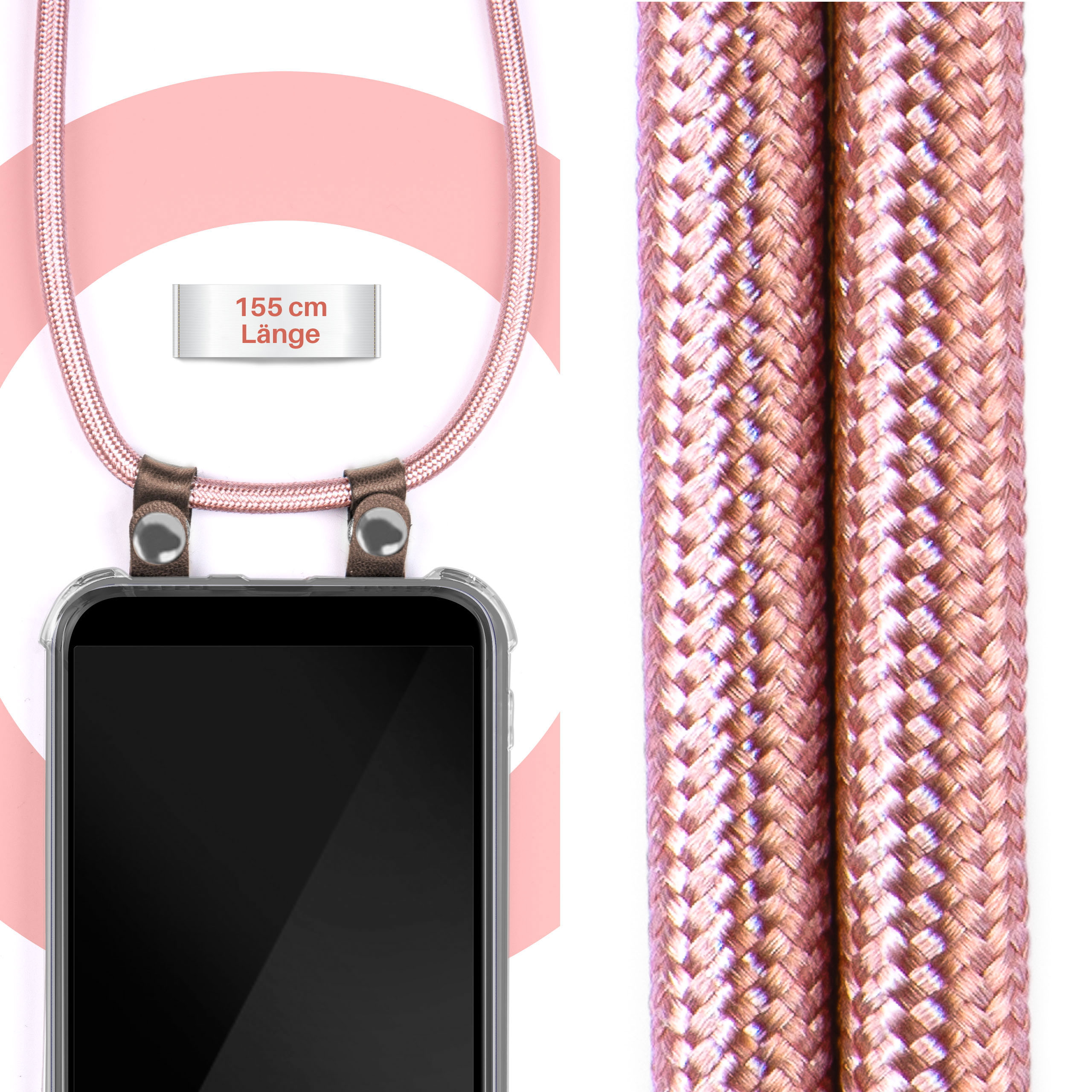Ein Telefon mit einem roségoldenen Seilriemen. Der Text 155cm Länge ist auf einem weißen Etikett gedruckt.