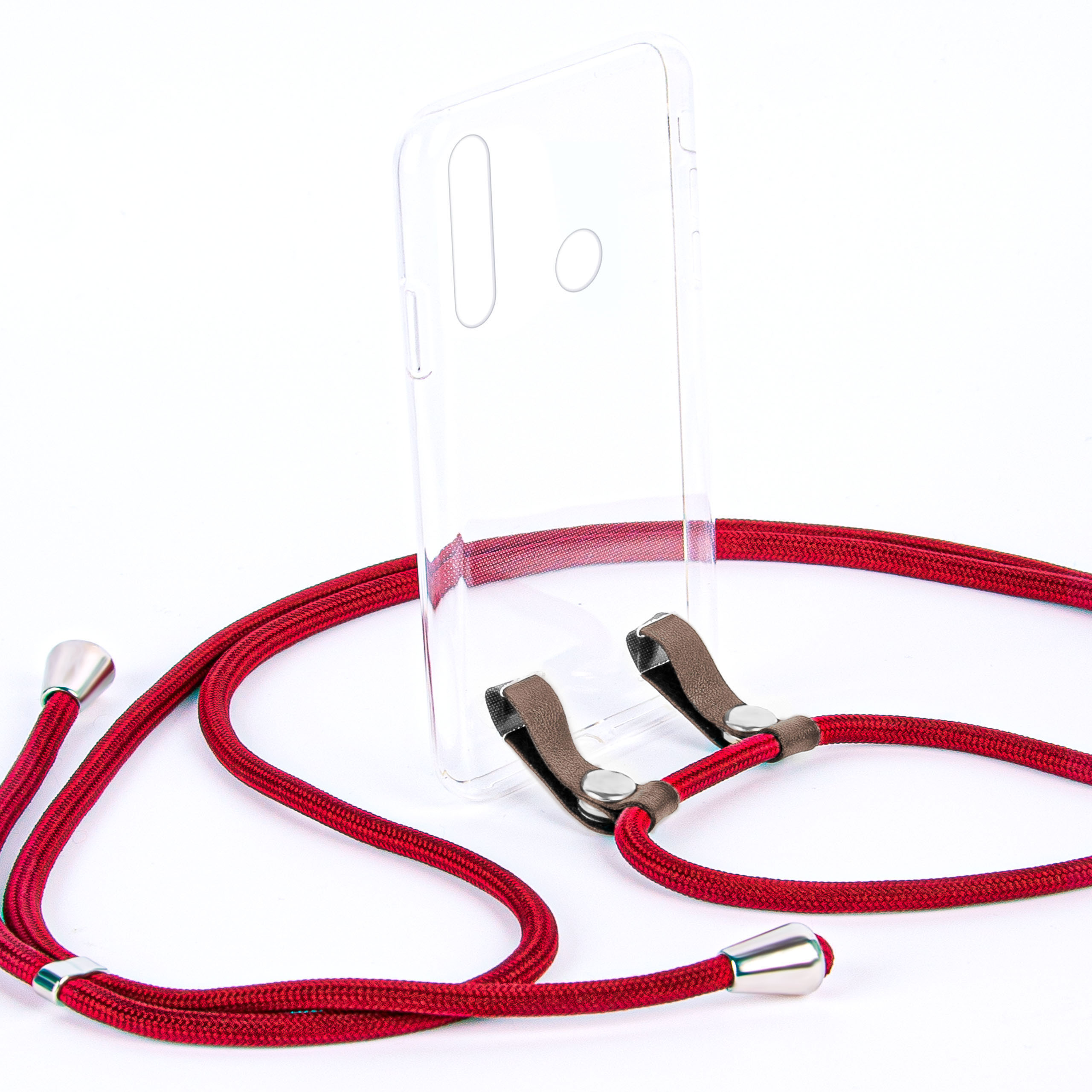 Handyhülle mit rotem Lanyard. Die Hülle ist transparent mit braunen Lederendstücken.