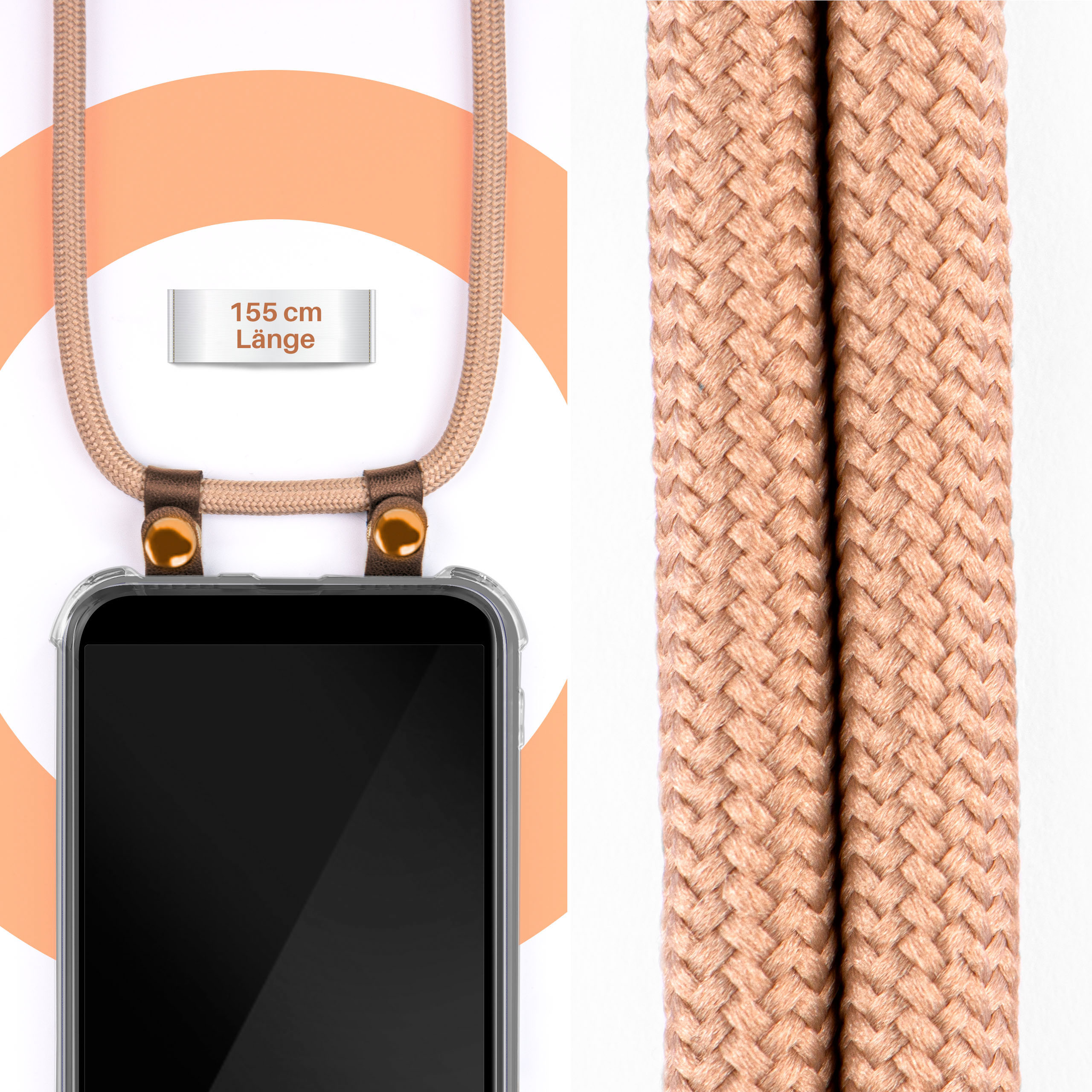 Telefon mit Hülle und geflochtener Schnur, Länge mit Messetikett angezeigt.