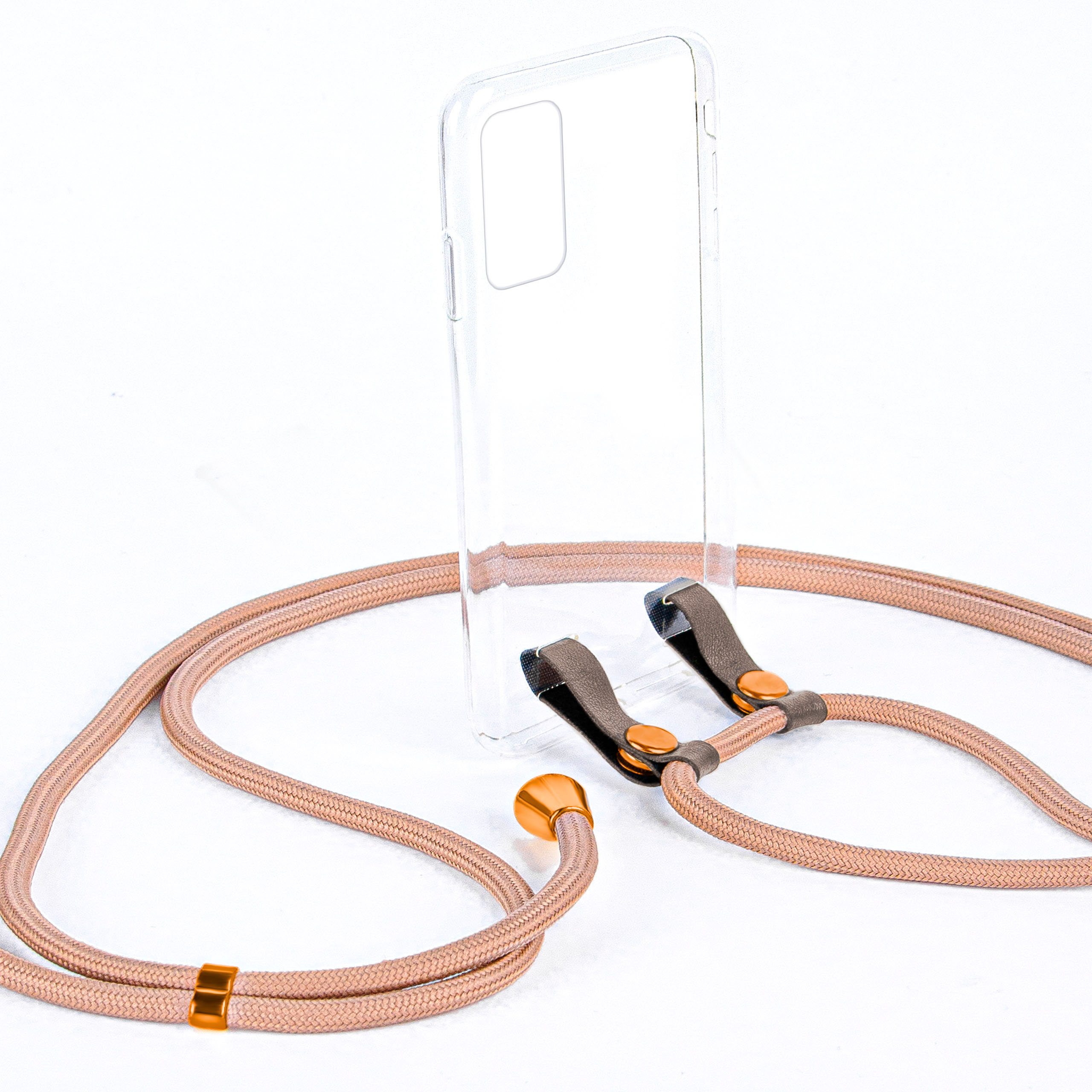 Telefon mit beigem Seil, transparentem Case und goldenen Akzenten.