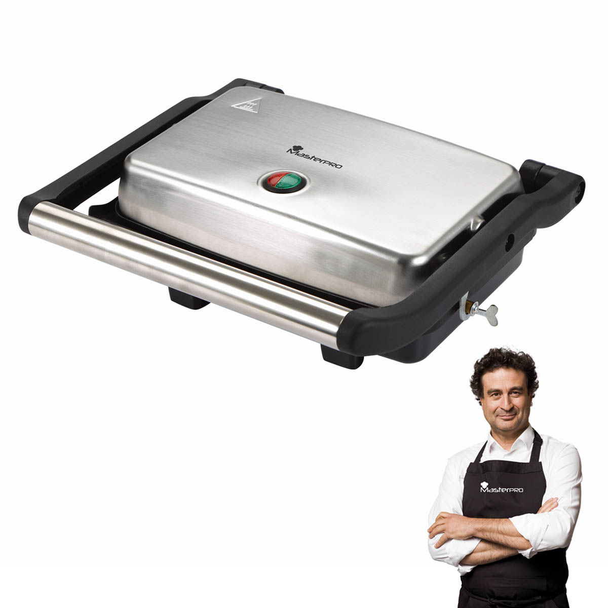 Una griglia Masterpro argentata con una persona con grembiule nero accanto.