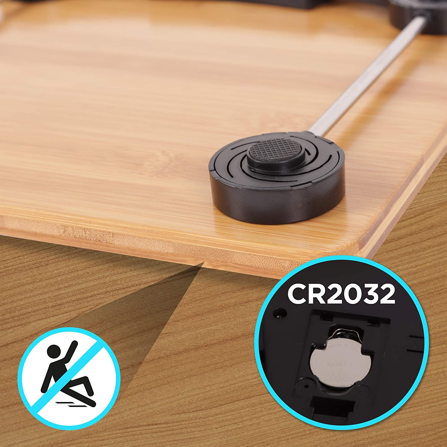 Waage mit Batteriefach-Detail mit CR2032. Ein Symbol warnt vor Ausrutschen.