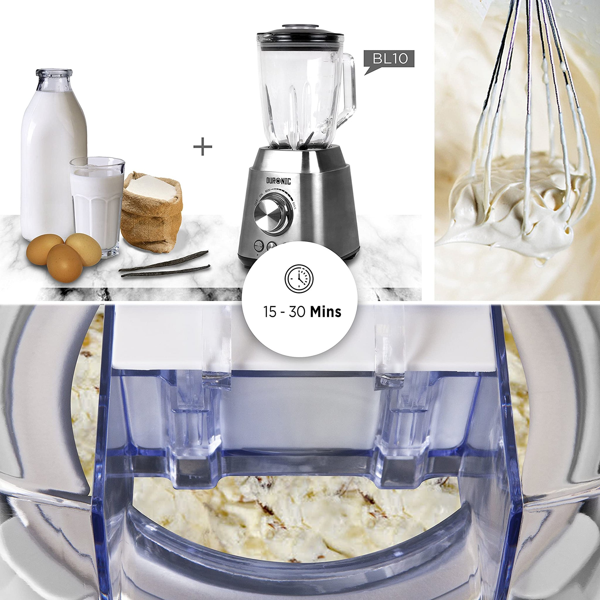 Mixer, Zutaten (Milch, Eier, Vanille) und geschlagene Sahne in Bearbeitung.