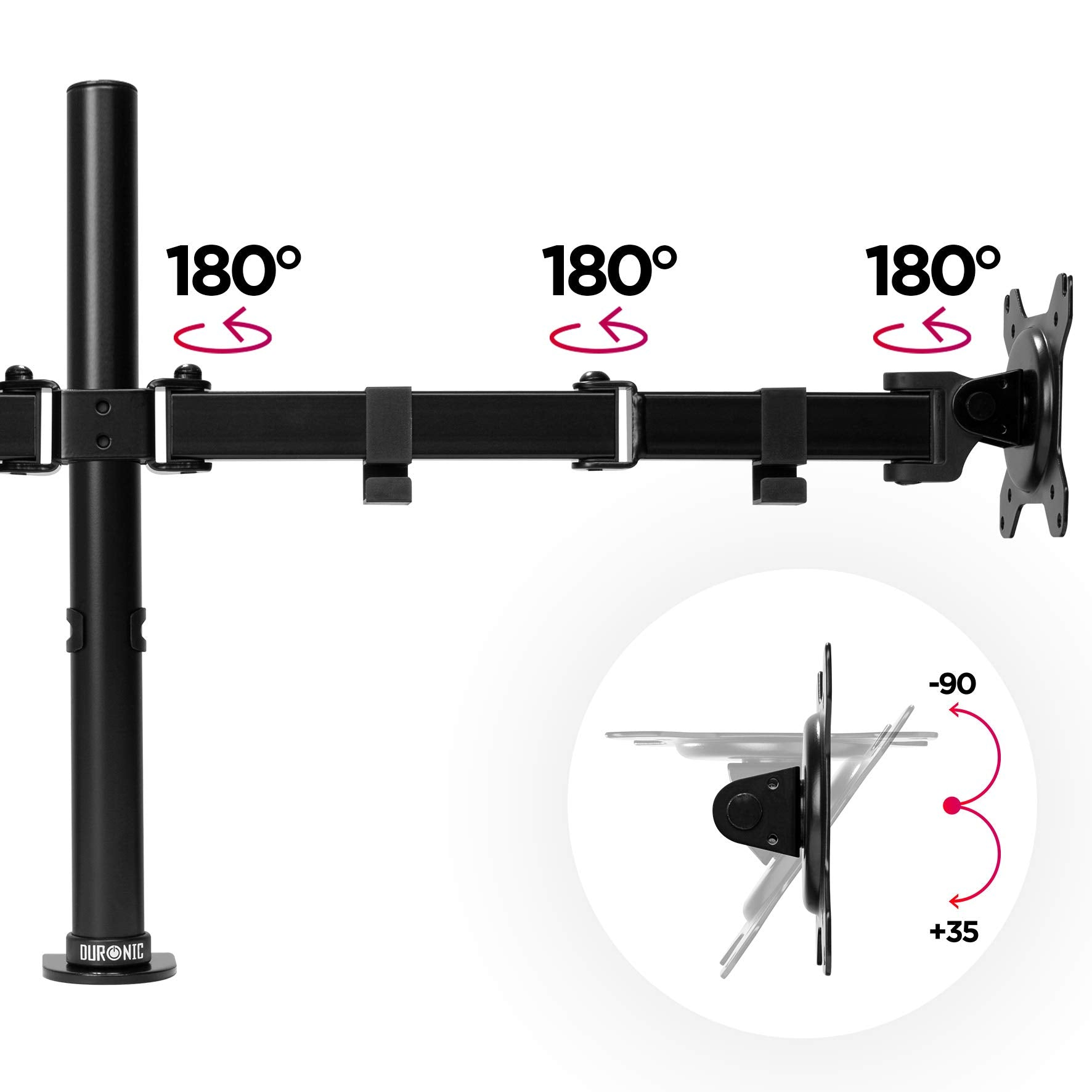 Soporte de monitor negro con brazos ajustables. Flechas muestran rotación 180 grados y ajustes de inclinación.