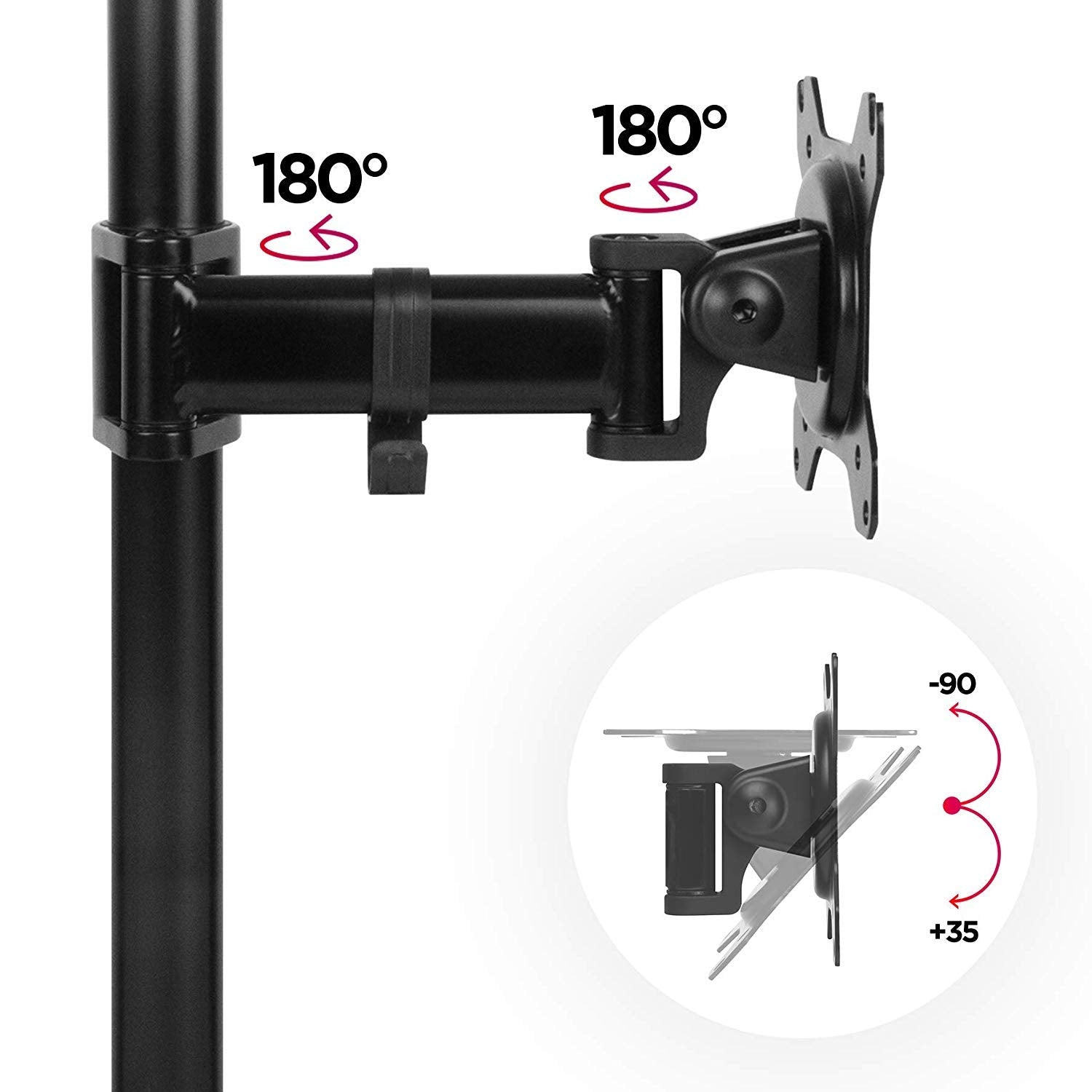 Schwarzer Monitorarm mit 180-Grad-Drehung. Diagramm zeigt Kippbewegung.