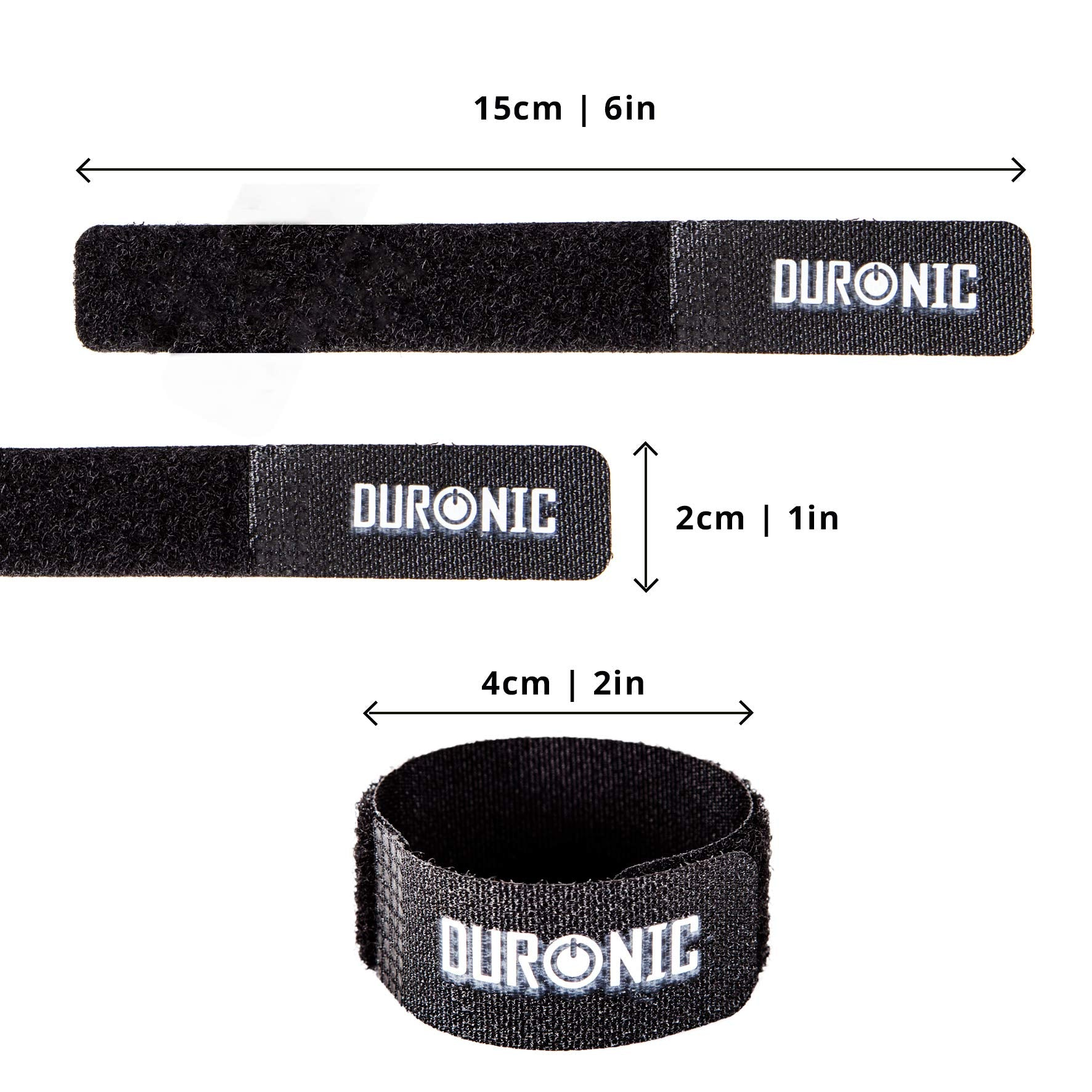 Tres correas de velcro negras con texto blanco y medidas sobre fondo blanco.