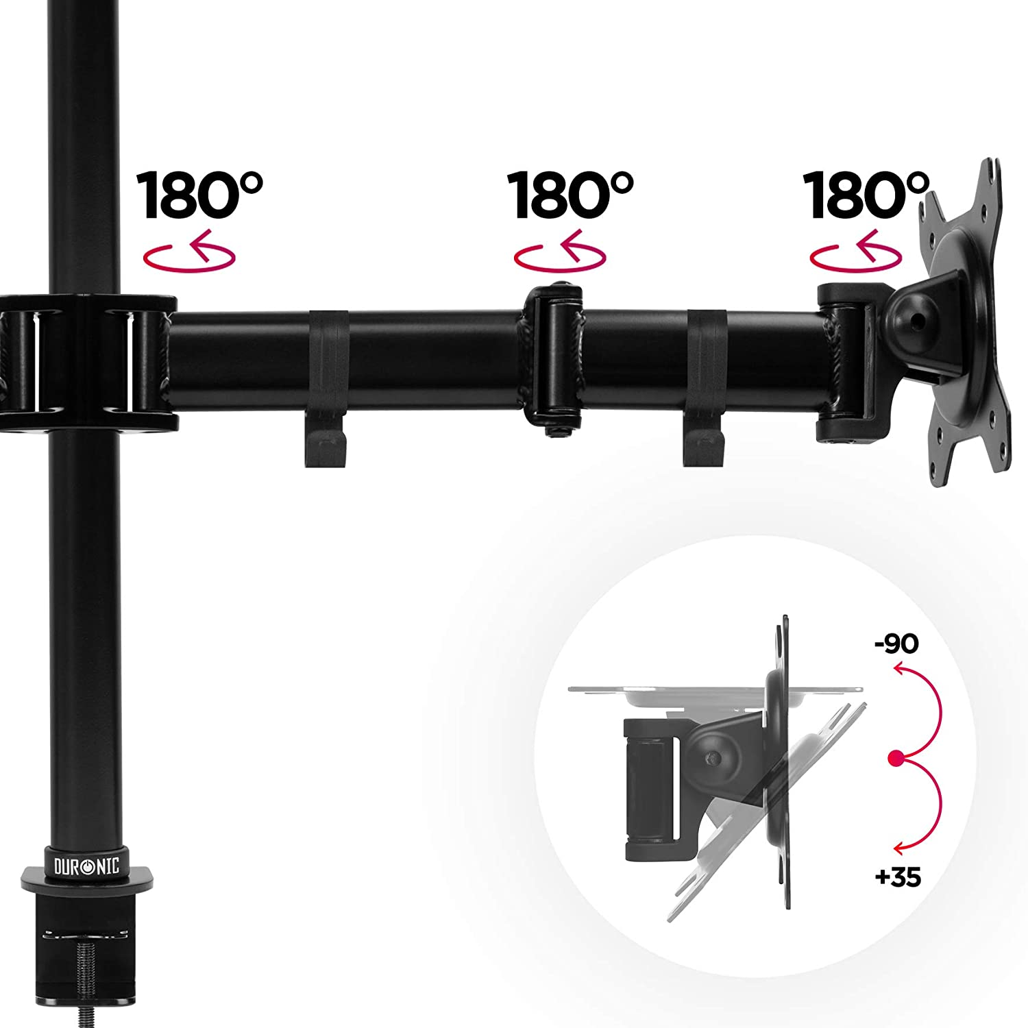 Monitorarm mit 180-Grad-Drehwinkeln. Schwarzes Metall mit detaillierten Ansichten.