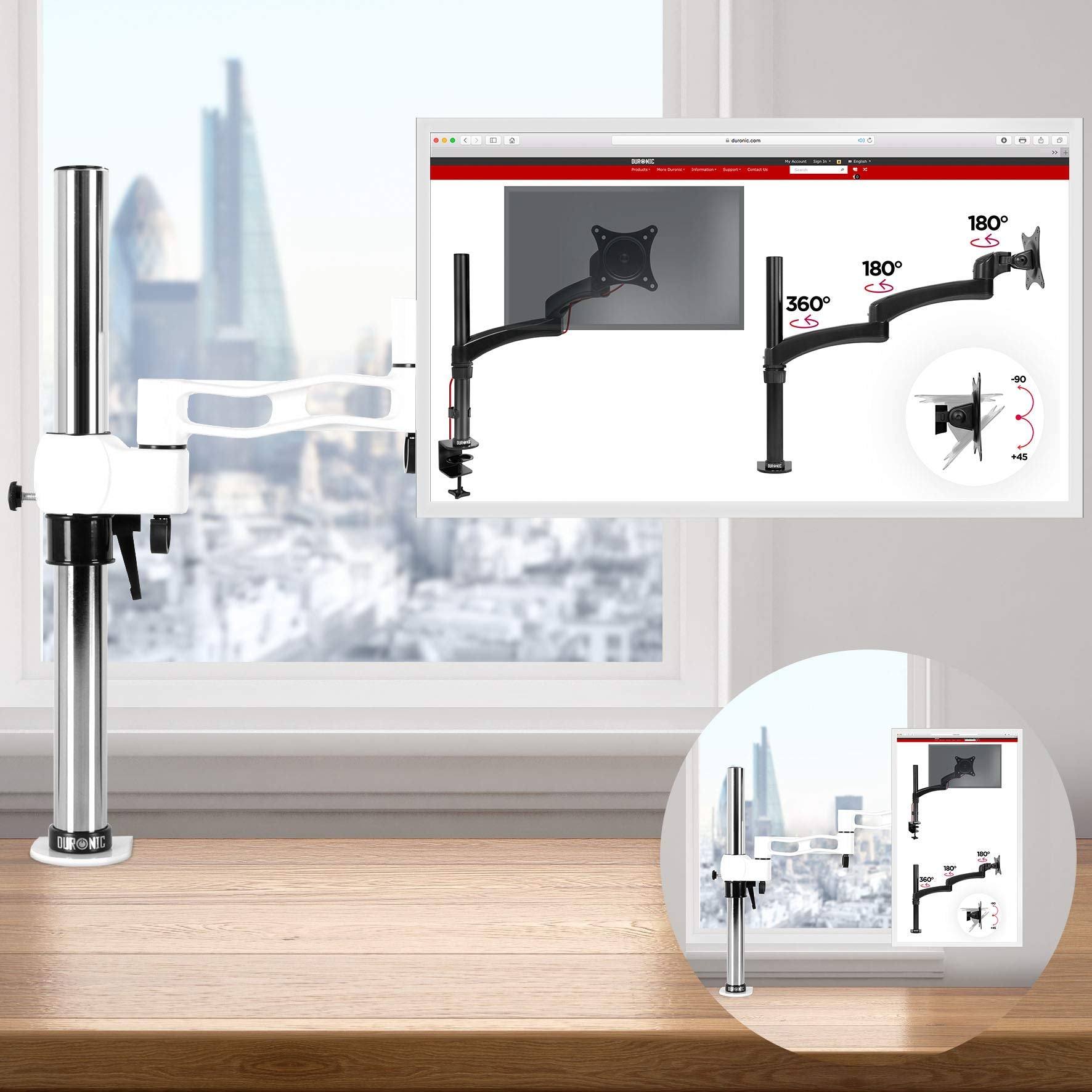 Monitorarm mit Diagrammen, die 180- und 360-Grad-Drehung zeigen, auf einem Holztisch.
