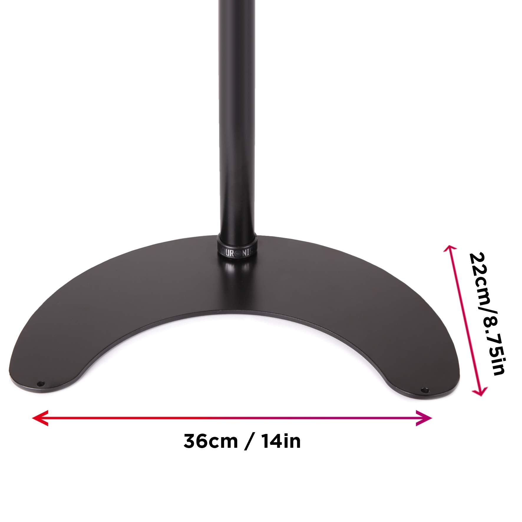 Schwarzer Metallständer mit Maßen: 36cm/14in, 22cm/8,75in.