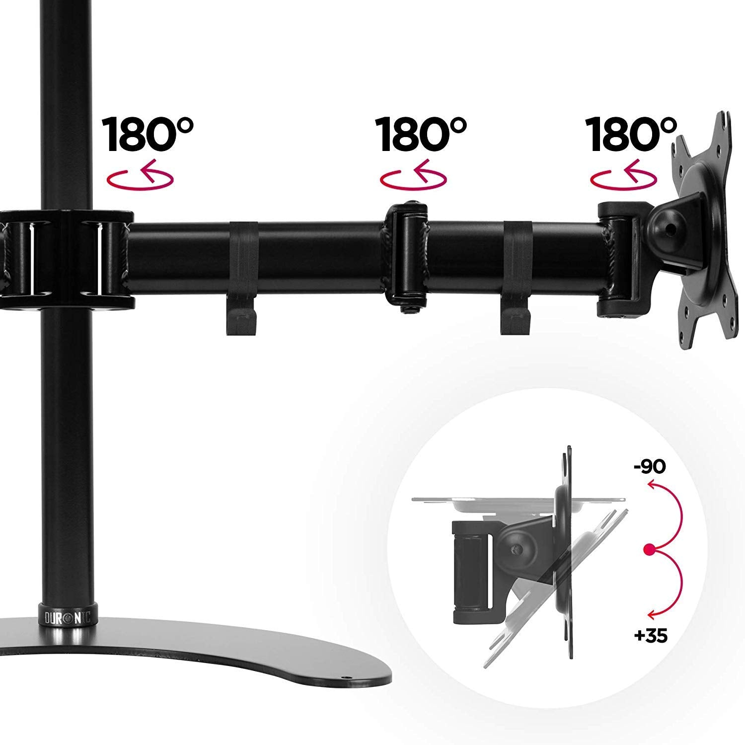 Ein schwarzer Monitorarm mit Rotationsanzeigen und einem kreisförmigen Diagramm, alles vor weißem Hintergrund.