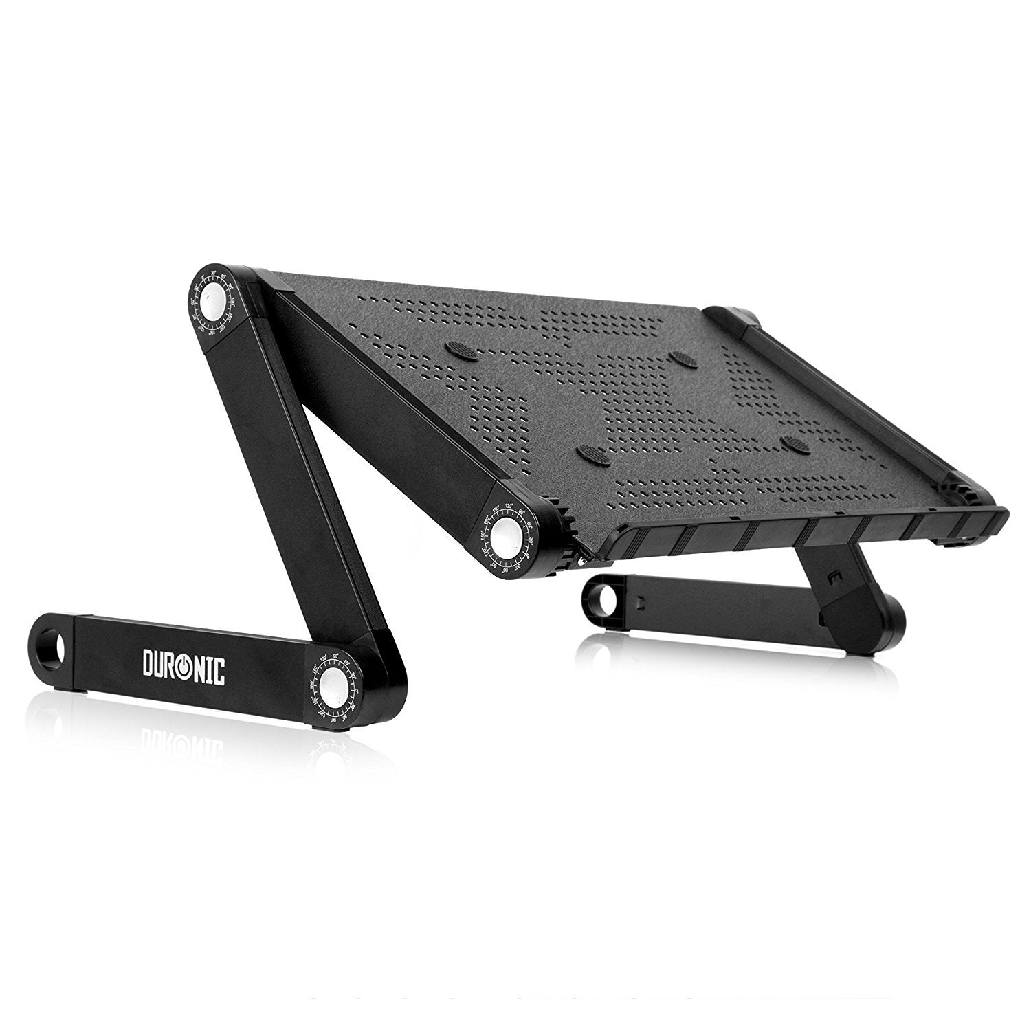 Soporte para portátil negro, ajustable y plegable. El soporte es de metal.