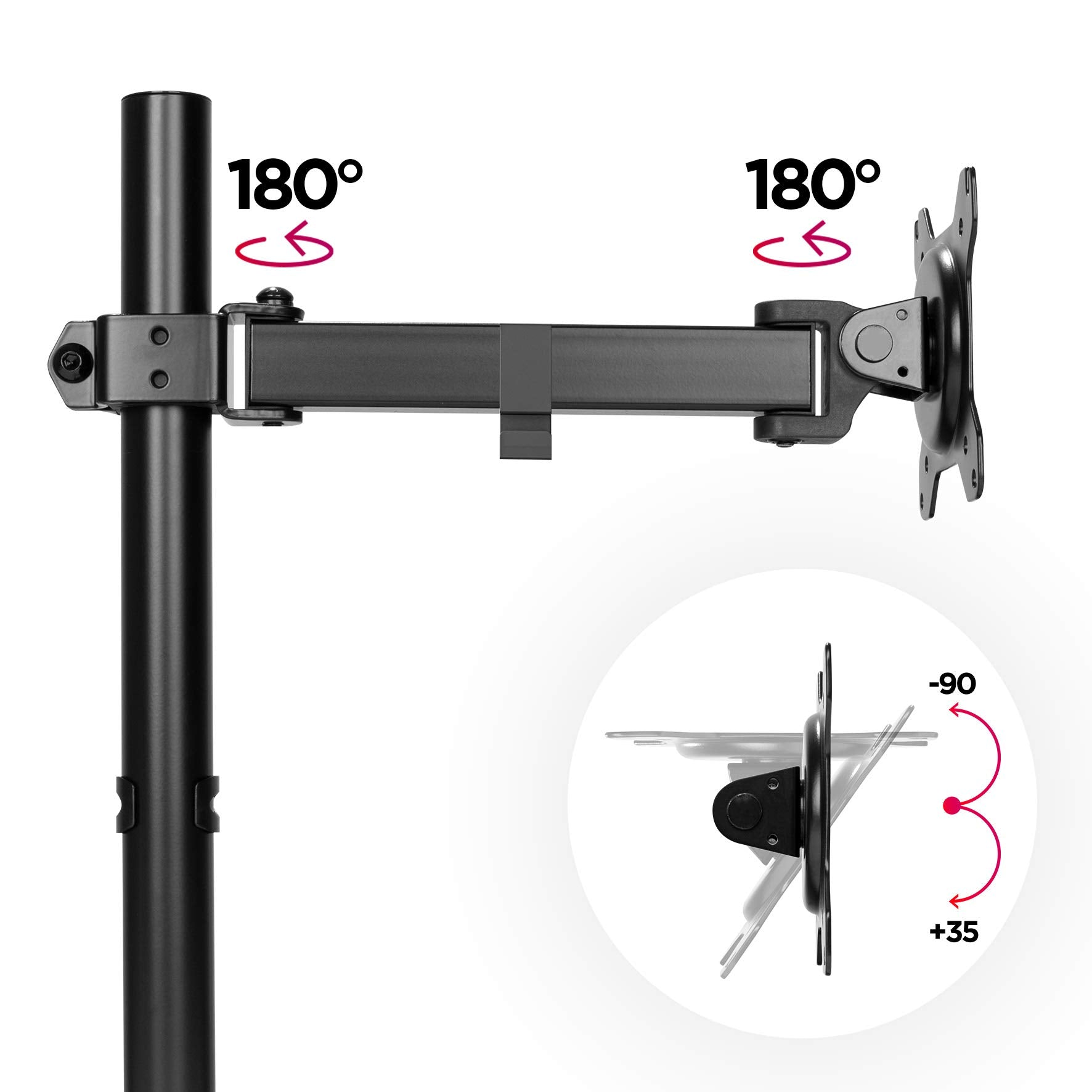 Soporte de monitor con rotación 180 grados e inclinación -90 a +35 grados.