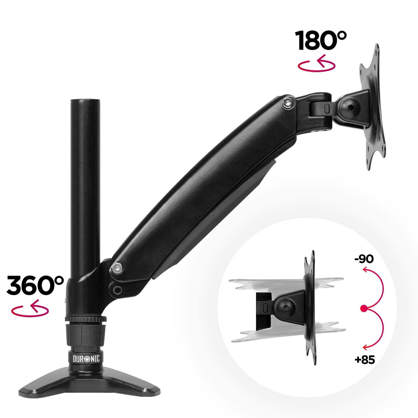 Schwarze Monitorhalterung mit Pfeilen, die die Bewegung zeigen. 180 Grad Drehung, 360 Grad Drehung.
