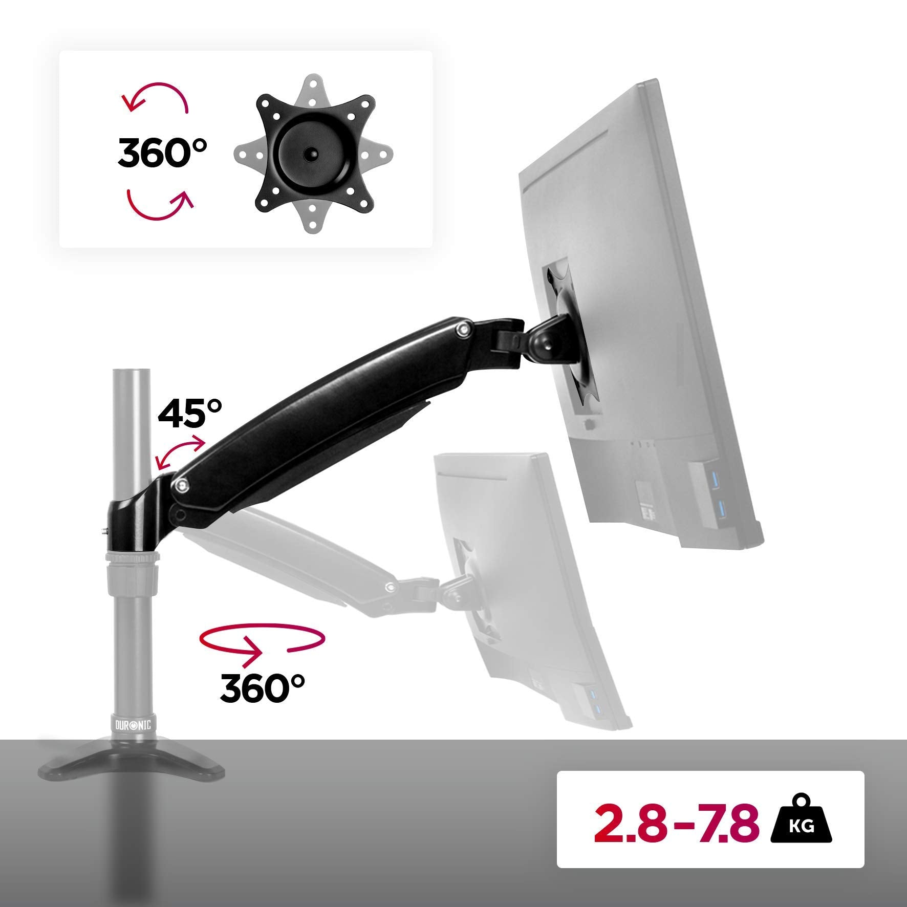 Un brazo de monitor con un monitor adjunto. Las flechas indican movimiento y rotación.