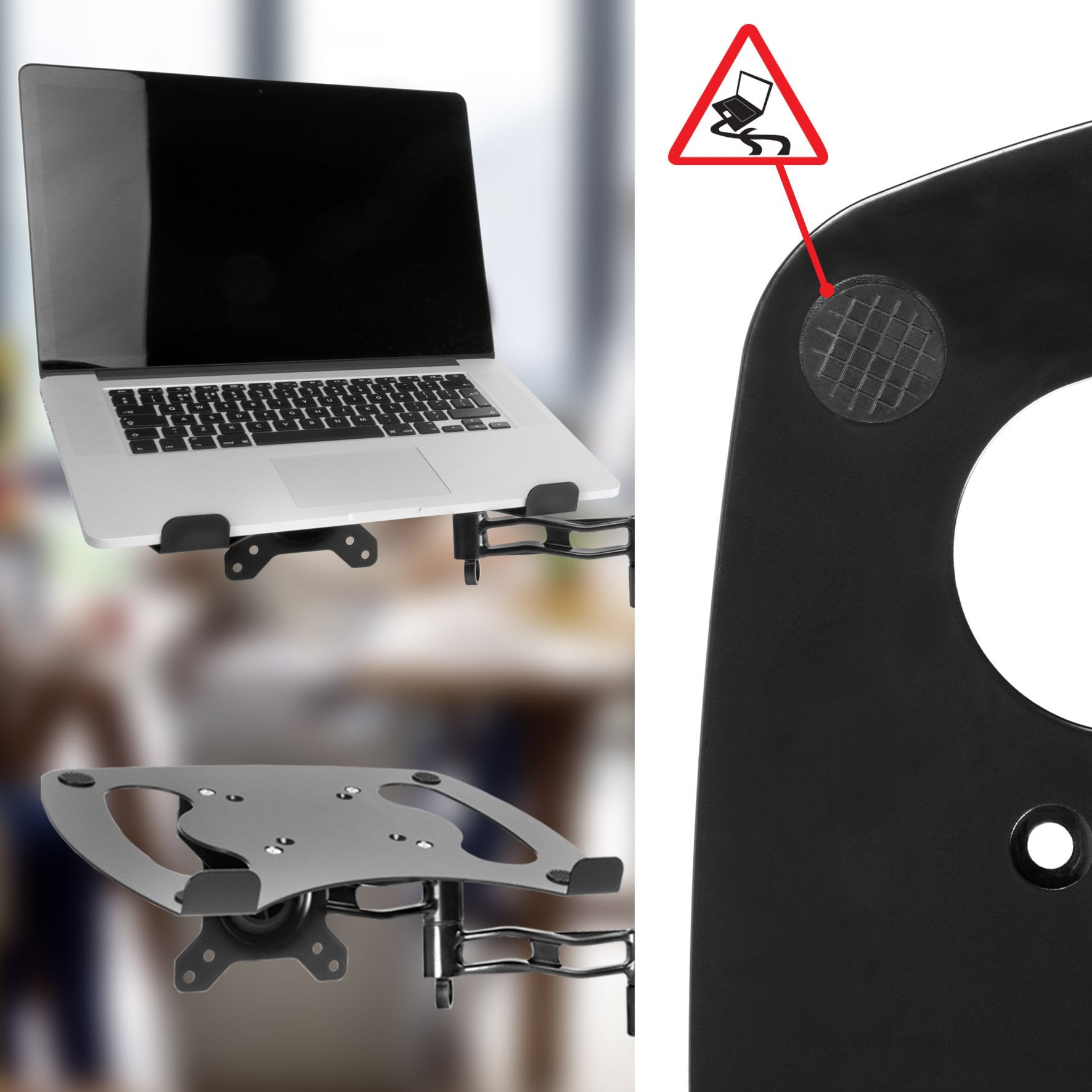 Laptop auf einem Ständer, mit einer Grafik eines Laptops auf einem rutschigen Untergrund.