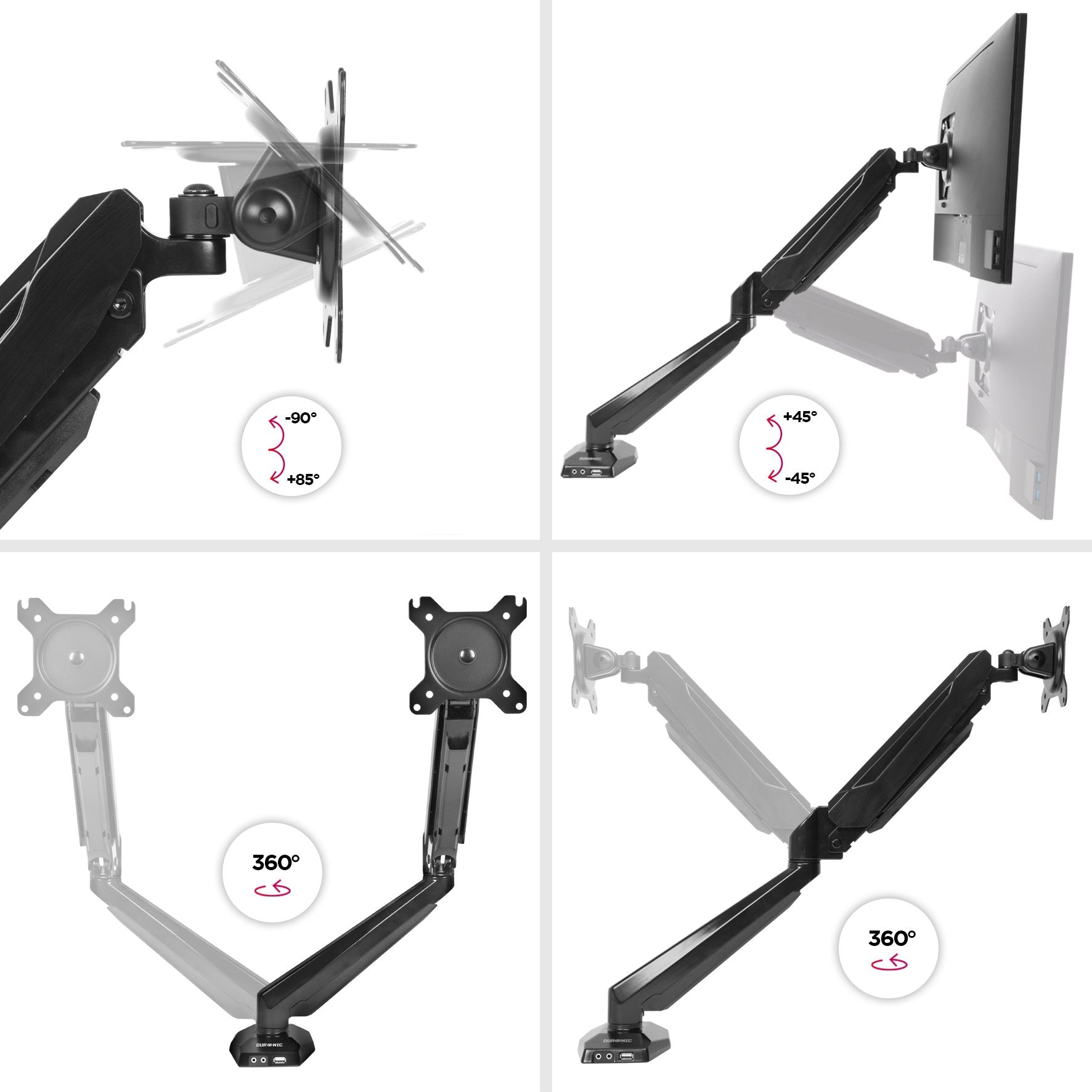 Vier Bilder eines schwarzen Monitorarms mit verschiedenen Winkeln und Einstellungen. Weißer Hintergrund.