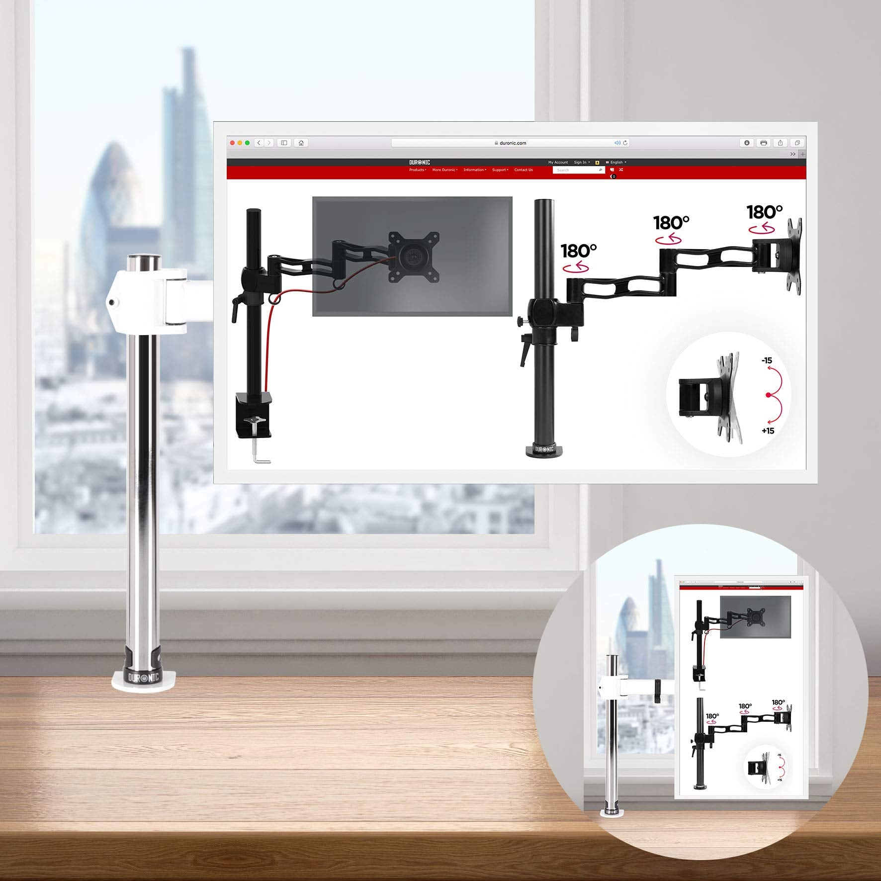 Monitorarm und Bildschirm mit einer Website darauf. Der Bildschirm zeigt Details des Arms und Stadt im Hintergrund.