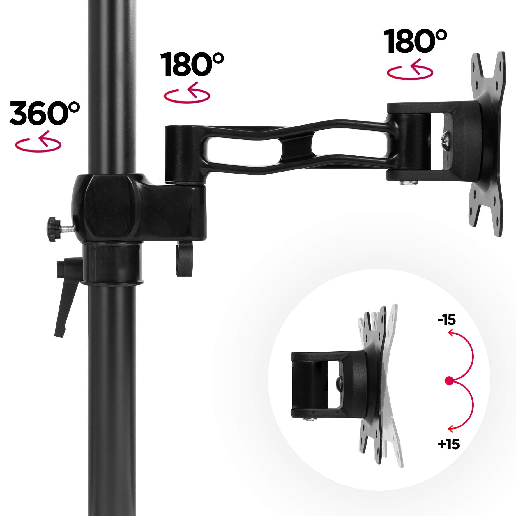 Schwarzer Monitorarm mit einstellbaren Winkeln, mit Pfeilen, die 180 und 360 Grad Rotation zeigen.