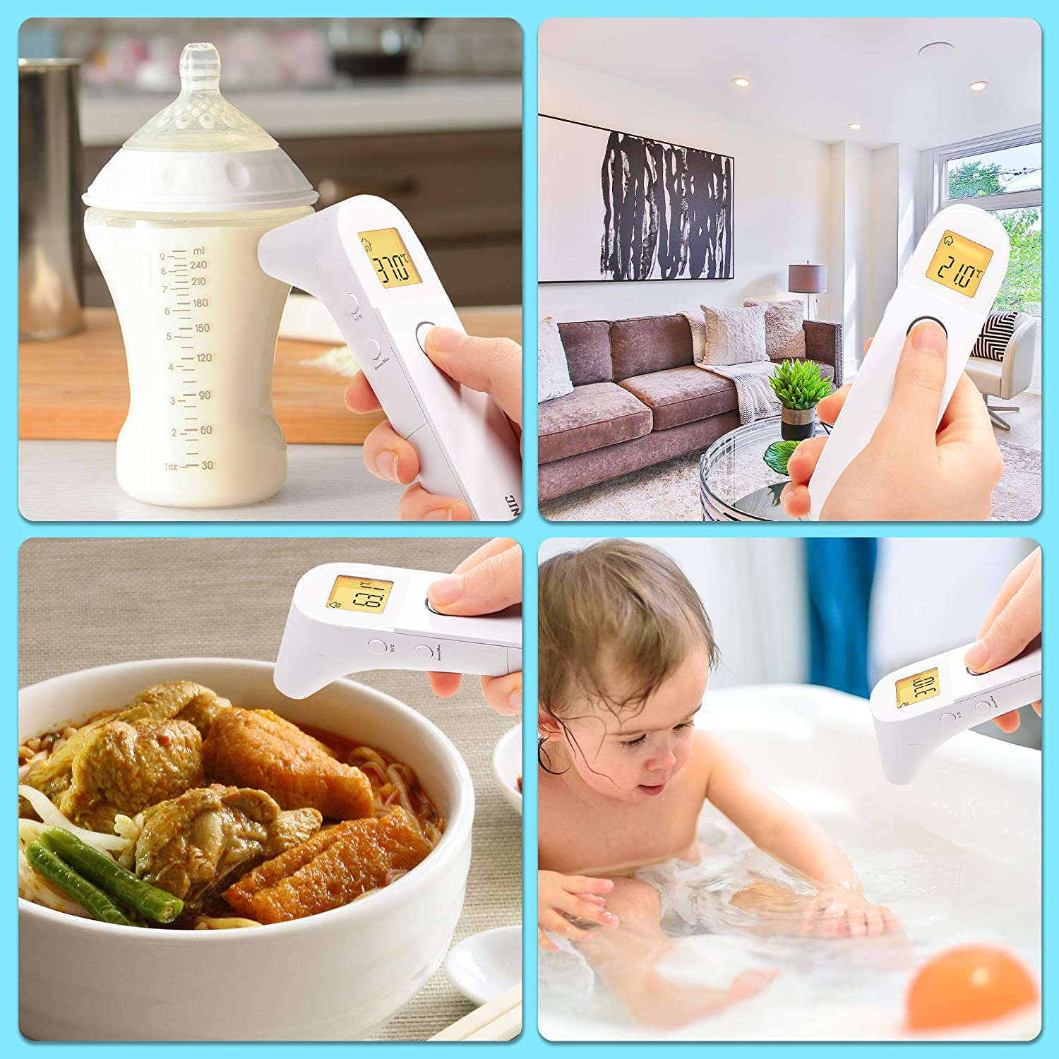Collage von vier Bildern: Babyflasche, Zuhause, Essschüssel, Baby im Bad, alle mit Thermometern.
