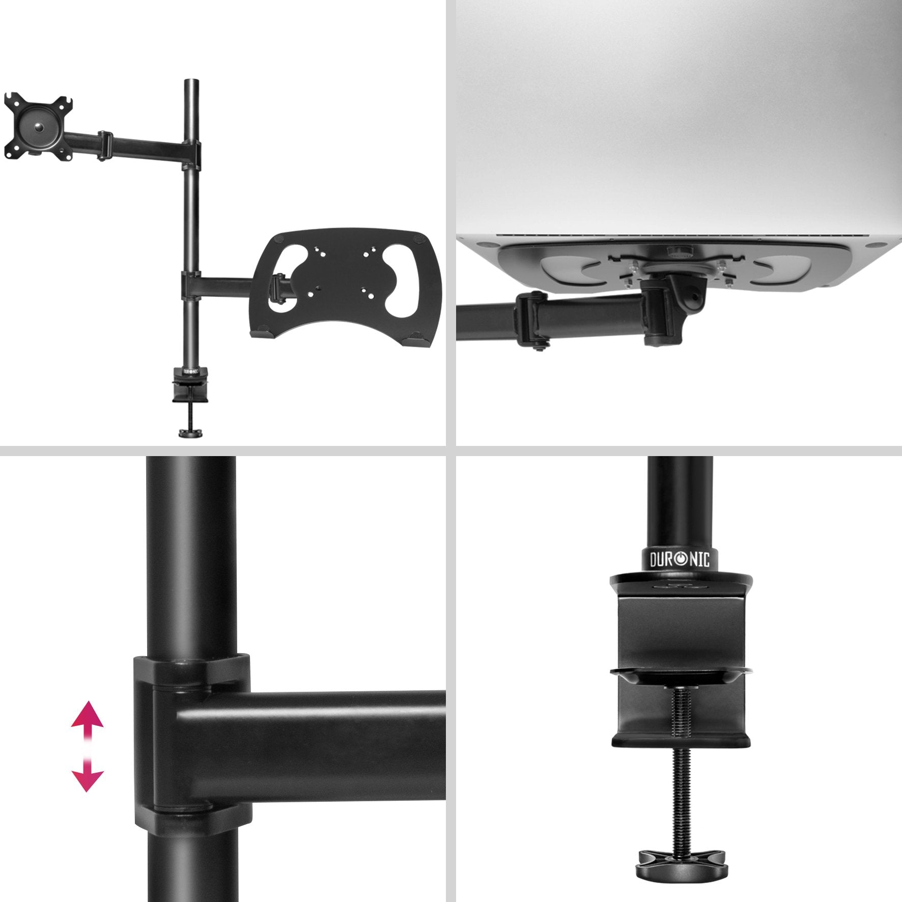 Cuatro imágenes que muestran partes de un brazo de monitor negro, incluyendo una abrazadera y juntas.