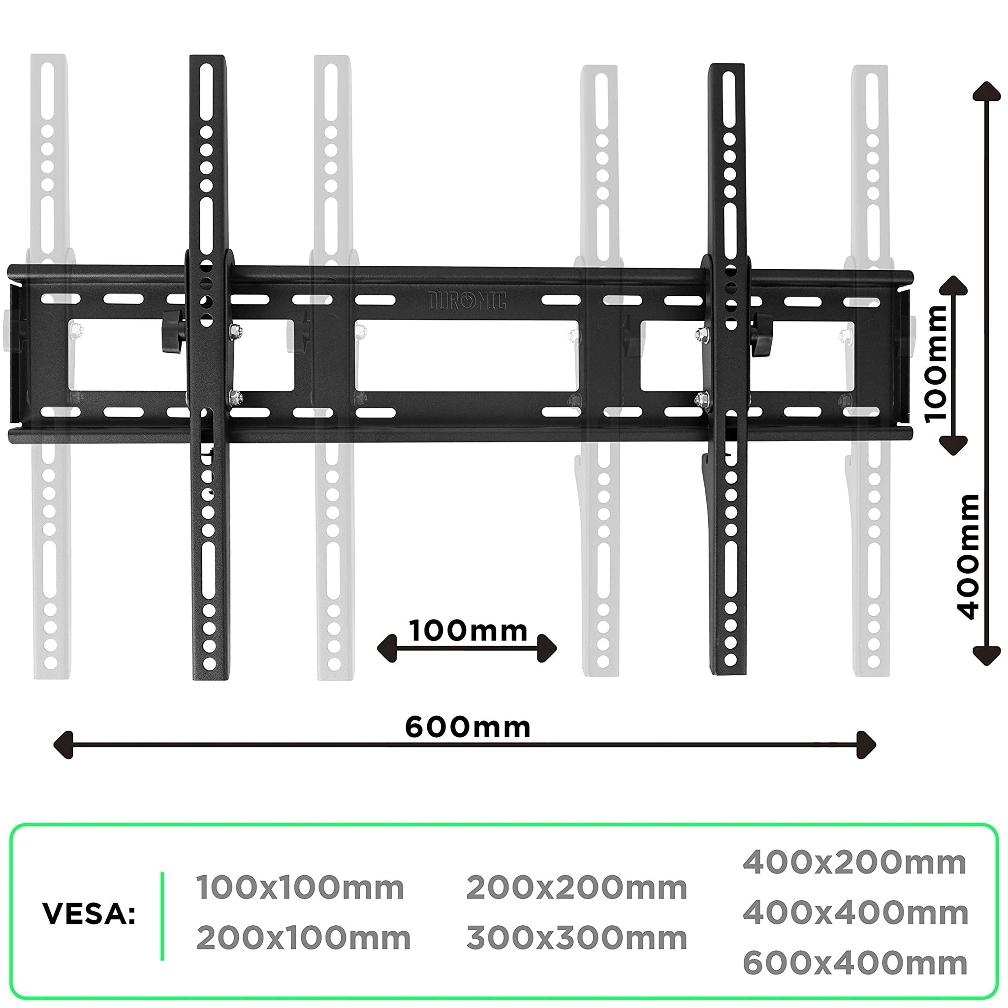 Un soporte de TV negro con dimensiones y estándares VESA (100x100mm a 600x400mm).