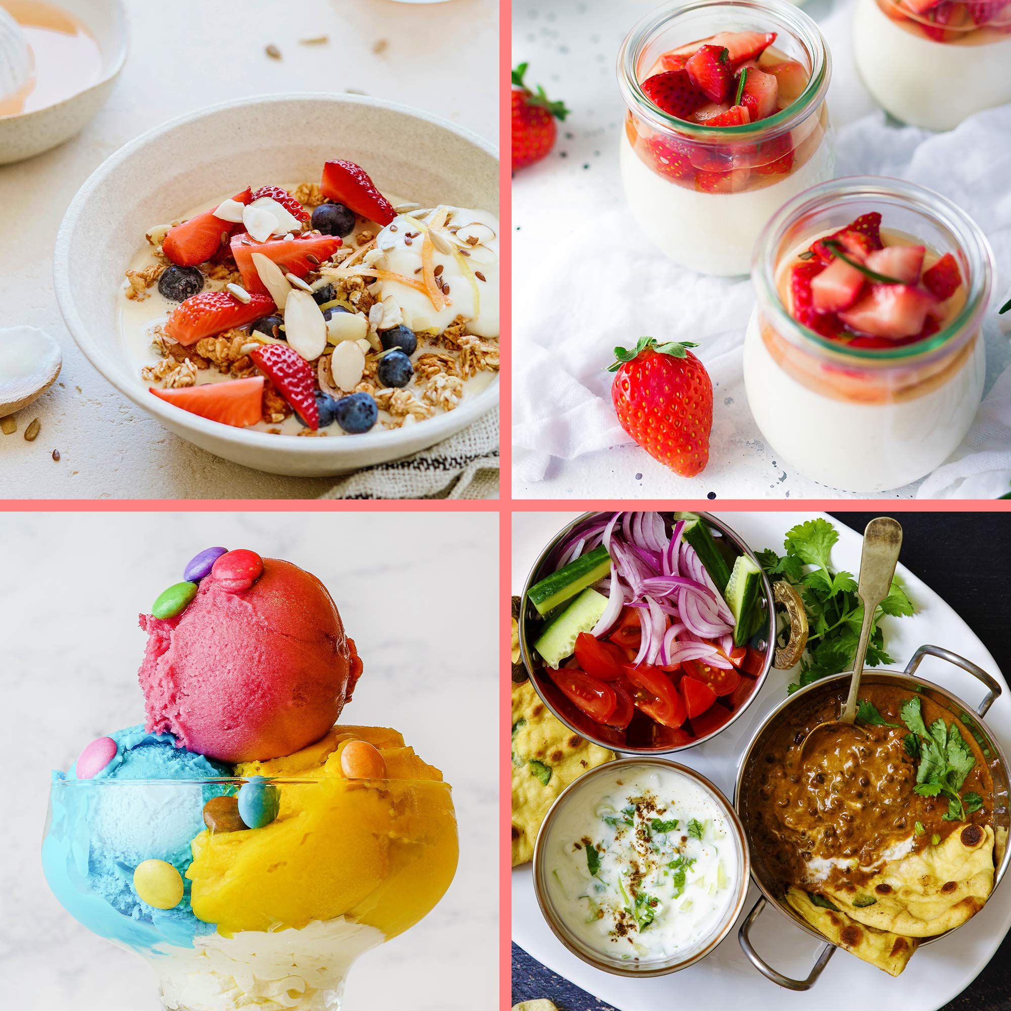 Vier Lebensmittel auf rosa Hintergrund. Joghurt mit Beeren, Erdbeerdesserts, Eis und Curry.