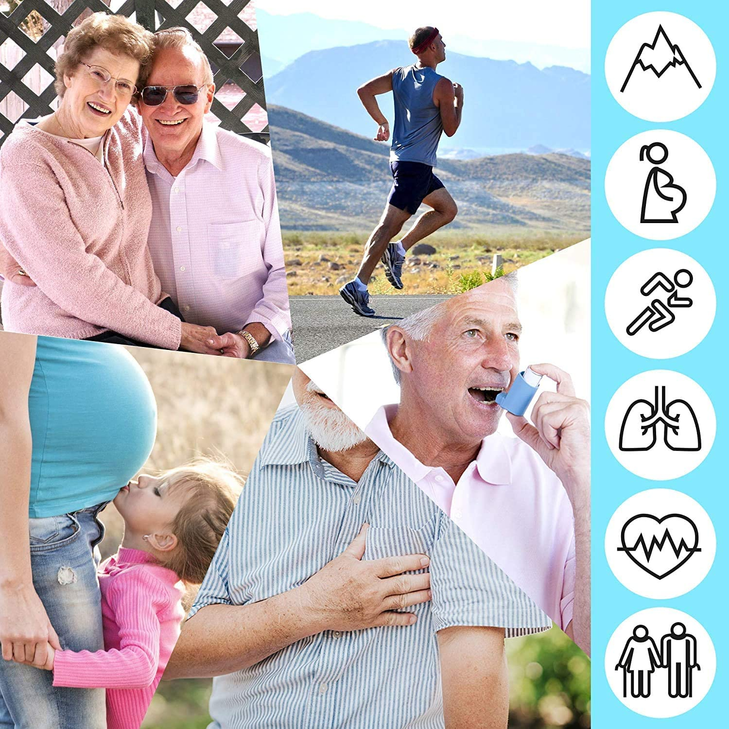 Collage de personas e iconos. Pareja de ancianos, corredor, embarazada, asmático, símbolos.