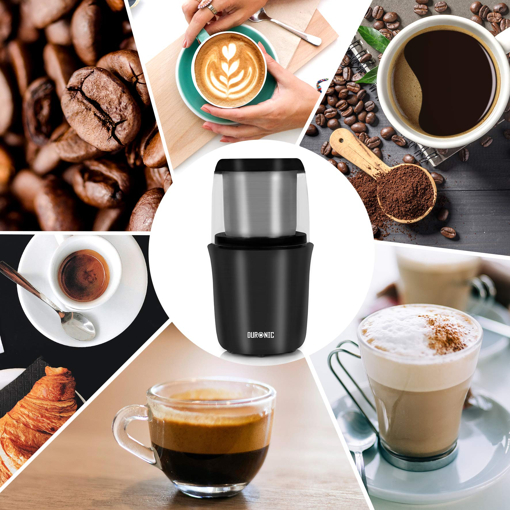 Kaffeebohnen, Espresso, Latte Art, Mühle, Croissant und Kaffeetassen in kreisförmiger Anordnung.