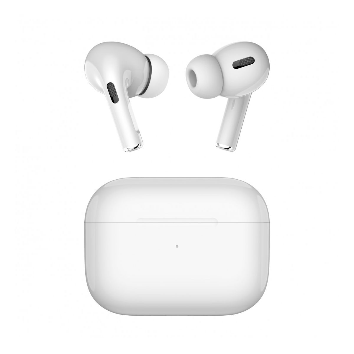 Auricolari wireless bianchi e custodia di ricarica, mostrati su una superficie bianca. Design moderno.