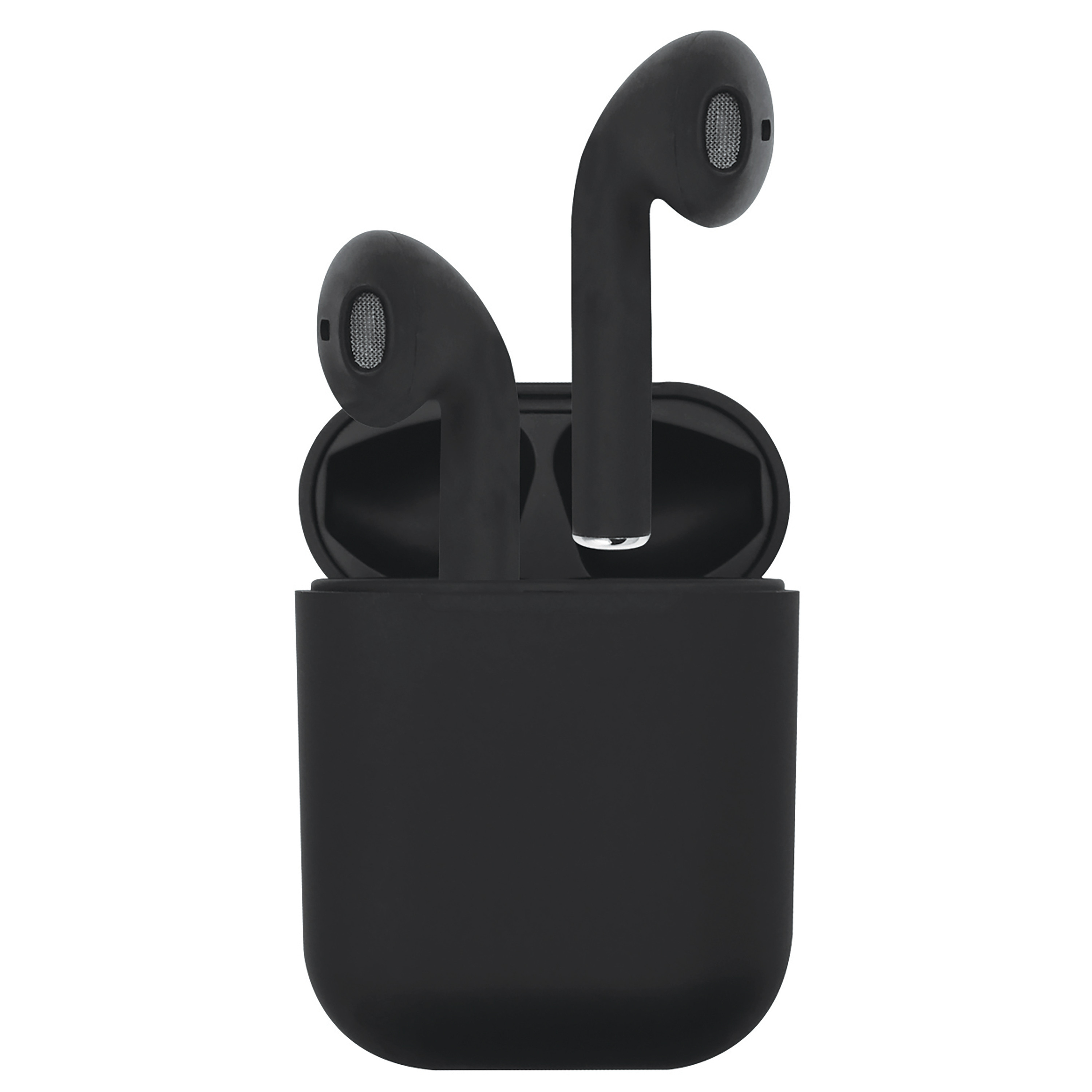 Auricolari wireless neri in una custodia di ricarica nera. La custodia è aperta, mostrando gli auricolari.