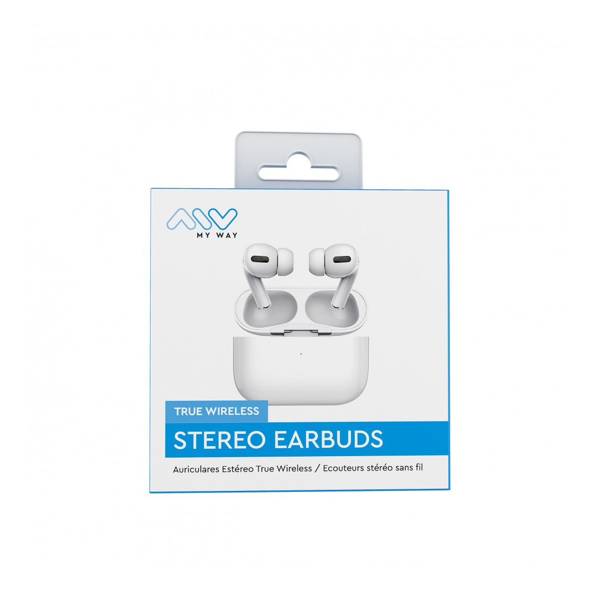 Scatola di auricolari bianchi con auricolari all'interno; sfondo bianco.