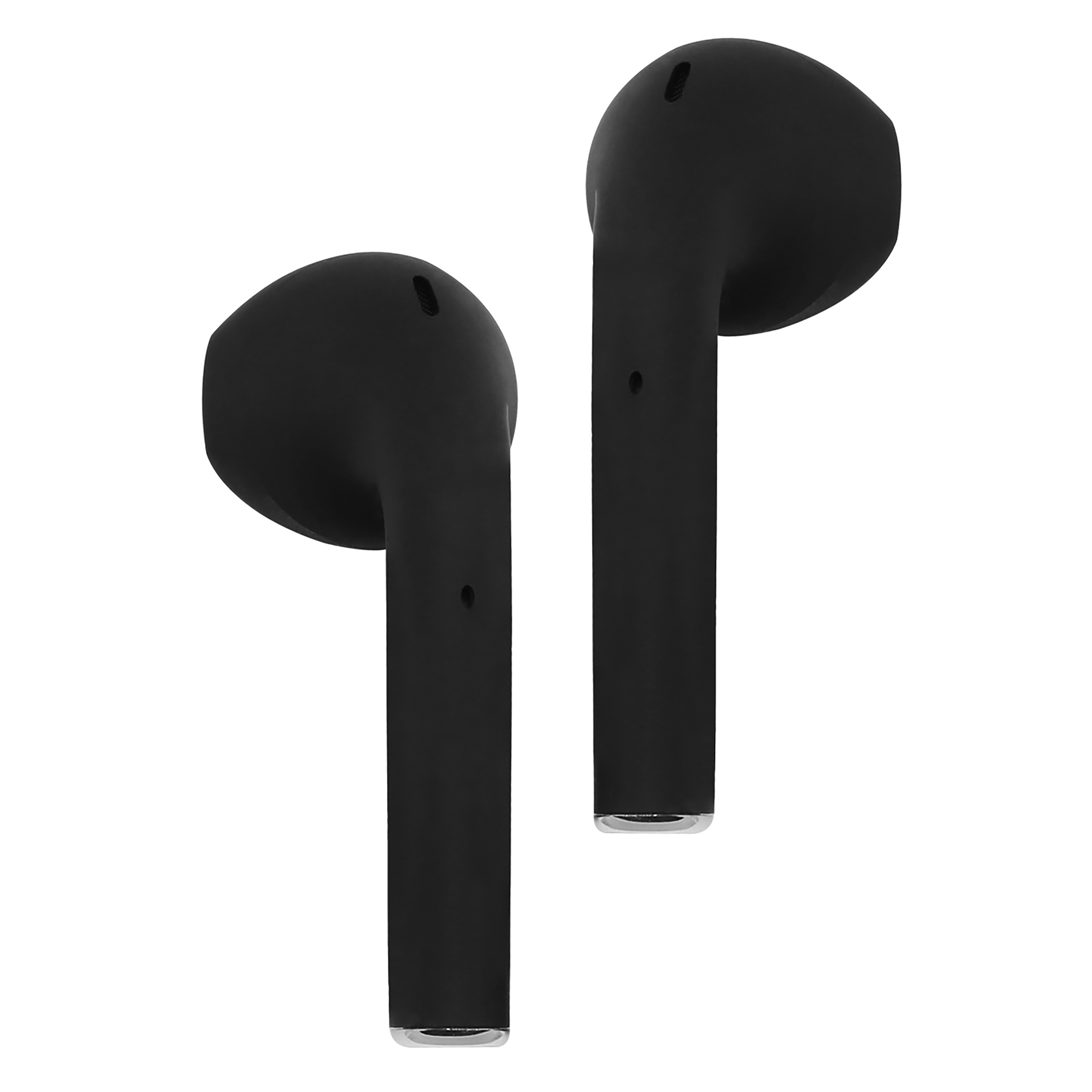Due auricolari wireless neri. Ognuno ha una forma arrotondata e un gambo lungo e sottile.