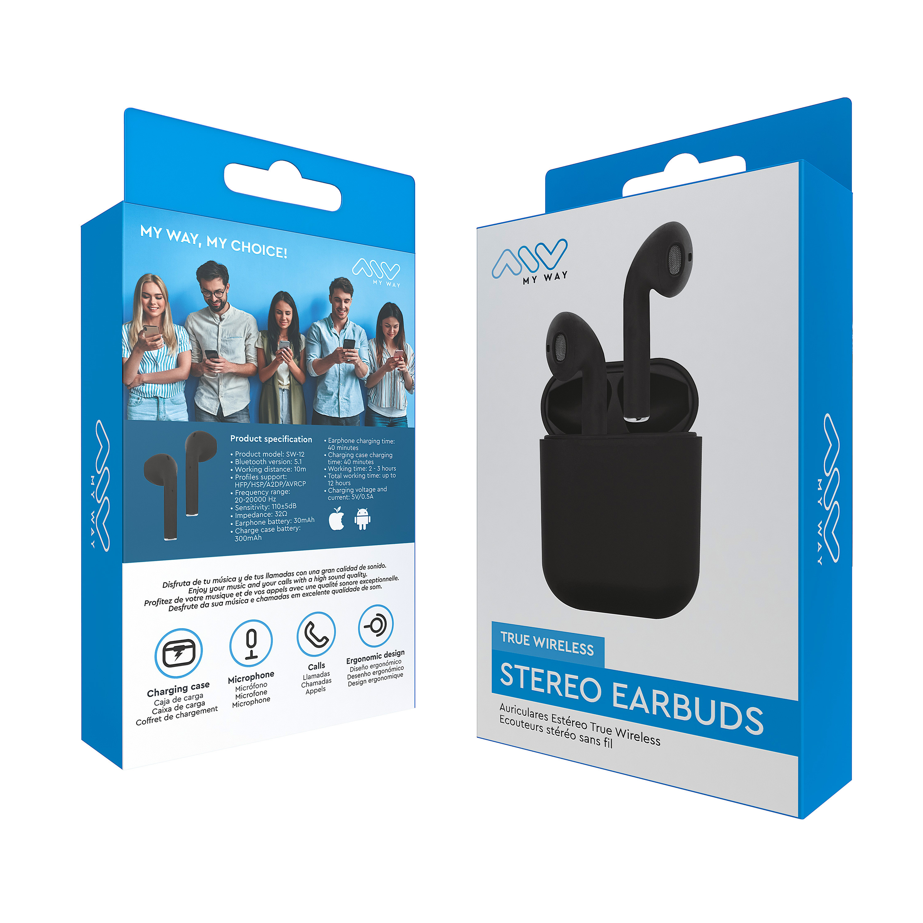 Due scatole di auricolari stereo true wireless neri. Una scatola mostra il prodotto e le specifiche.