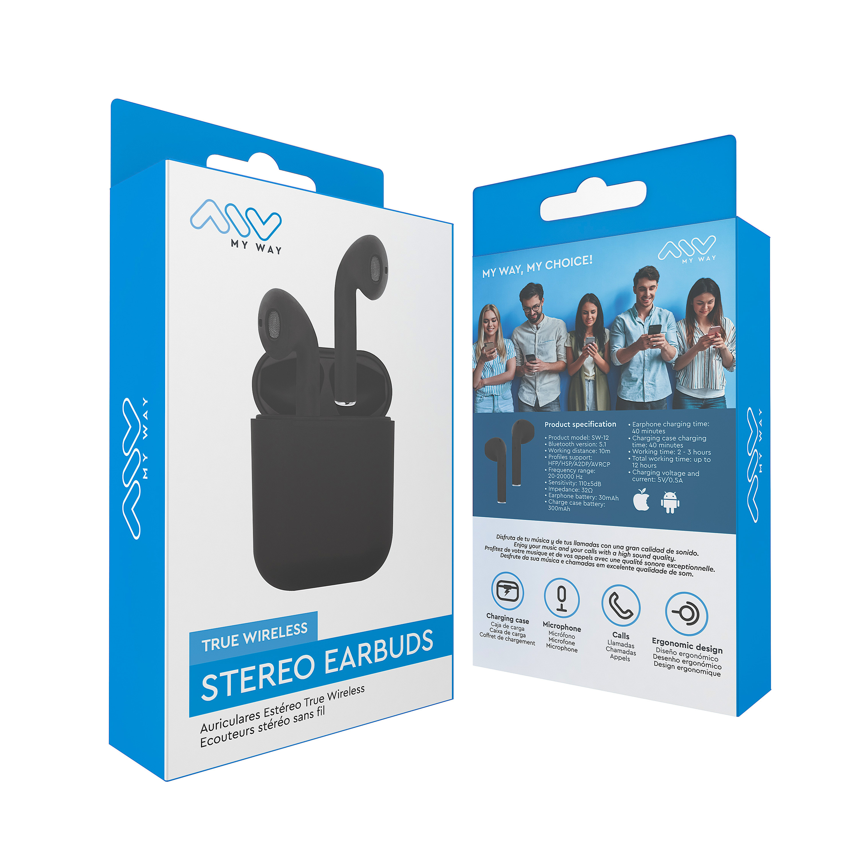 Auricolari stereo wireless neri in una custodia di ricarica e una scatola con informazioni sul prodotto e immagini su sfondo bianco.