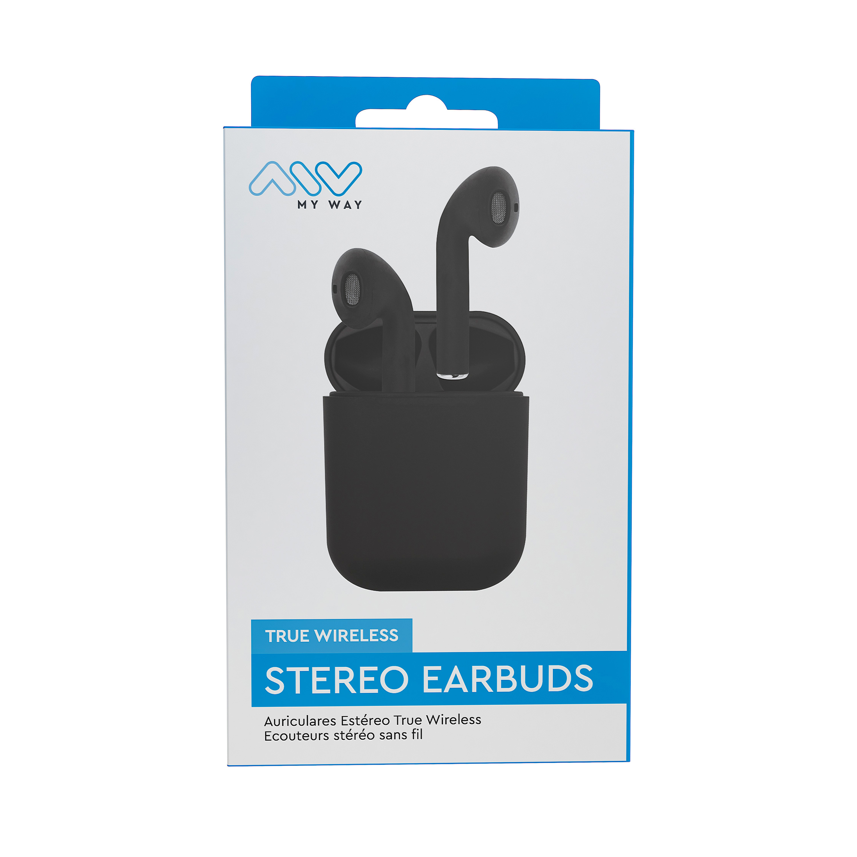 Auricolari neri in custodia di ricarica nera, confezionati in scatola blu e bianca. 'STEREO EARBUDS'.