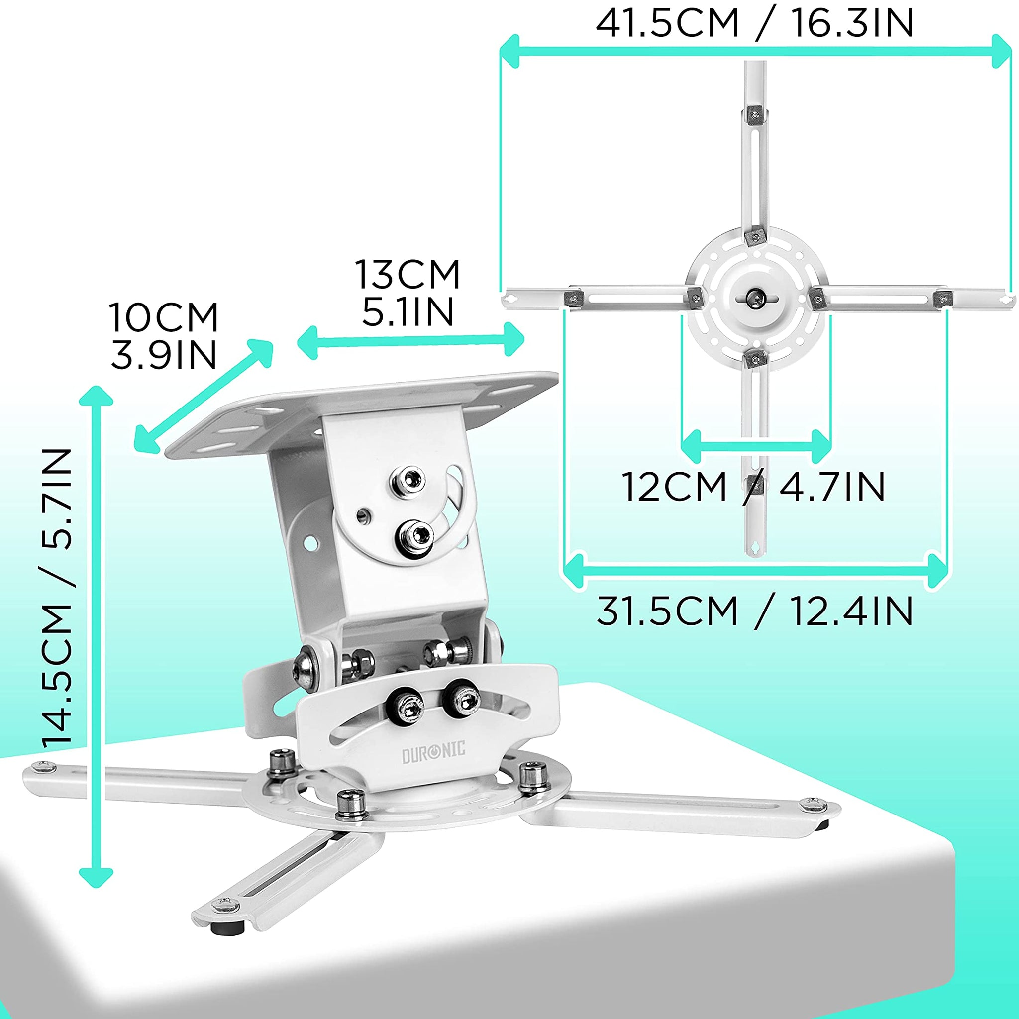 Un soporte de proyector blanco con dimensiones etiquetadas. Tiene una base cuadrada y un brazo ajustable.