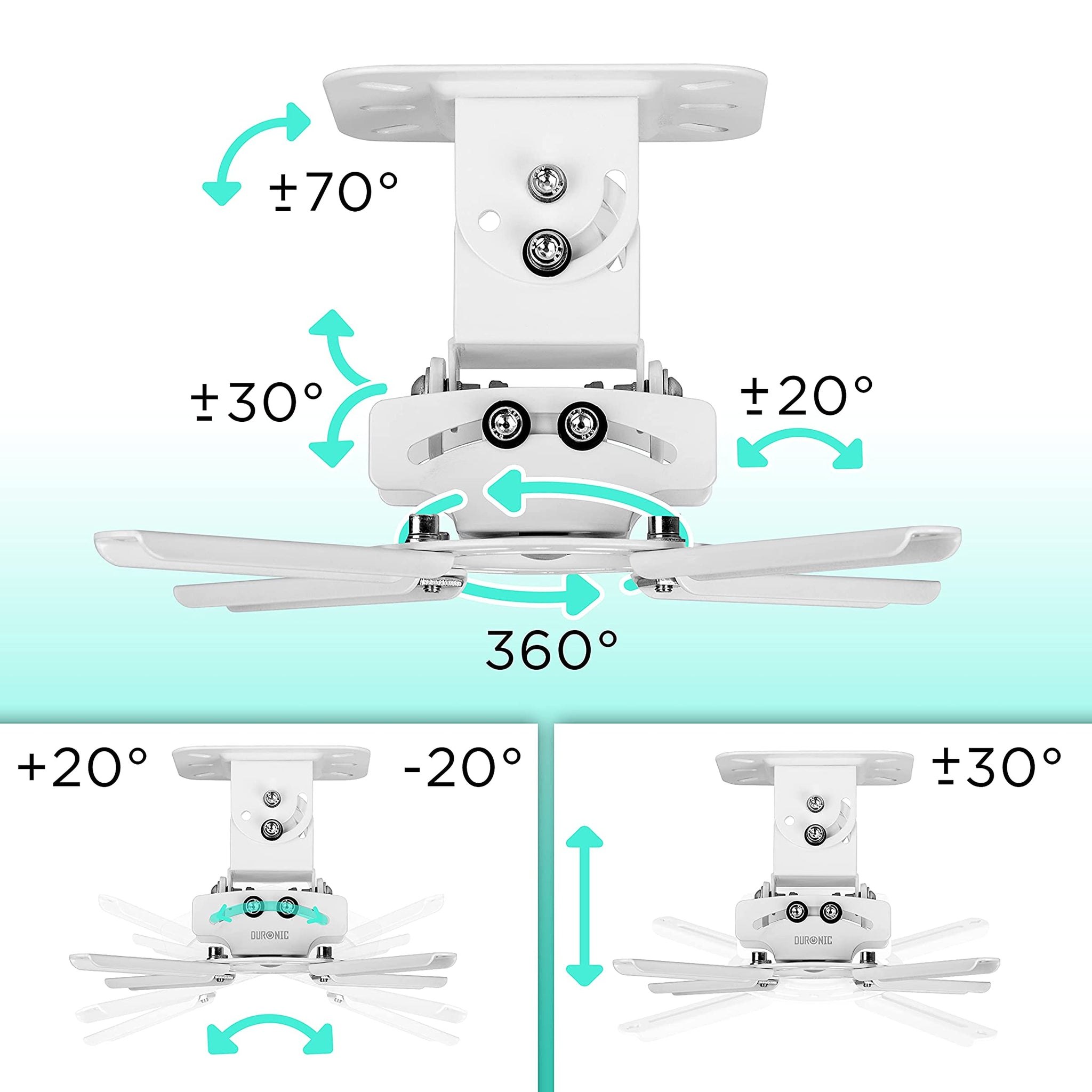 Soporte de proyector blanco con flechas que indican ángulos de ajuste. Rotación de 360° y otros ajustes de ángulo.
