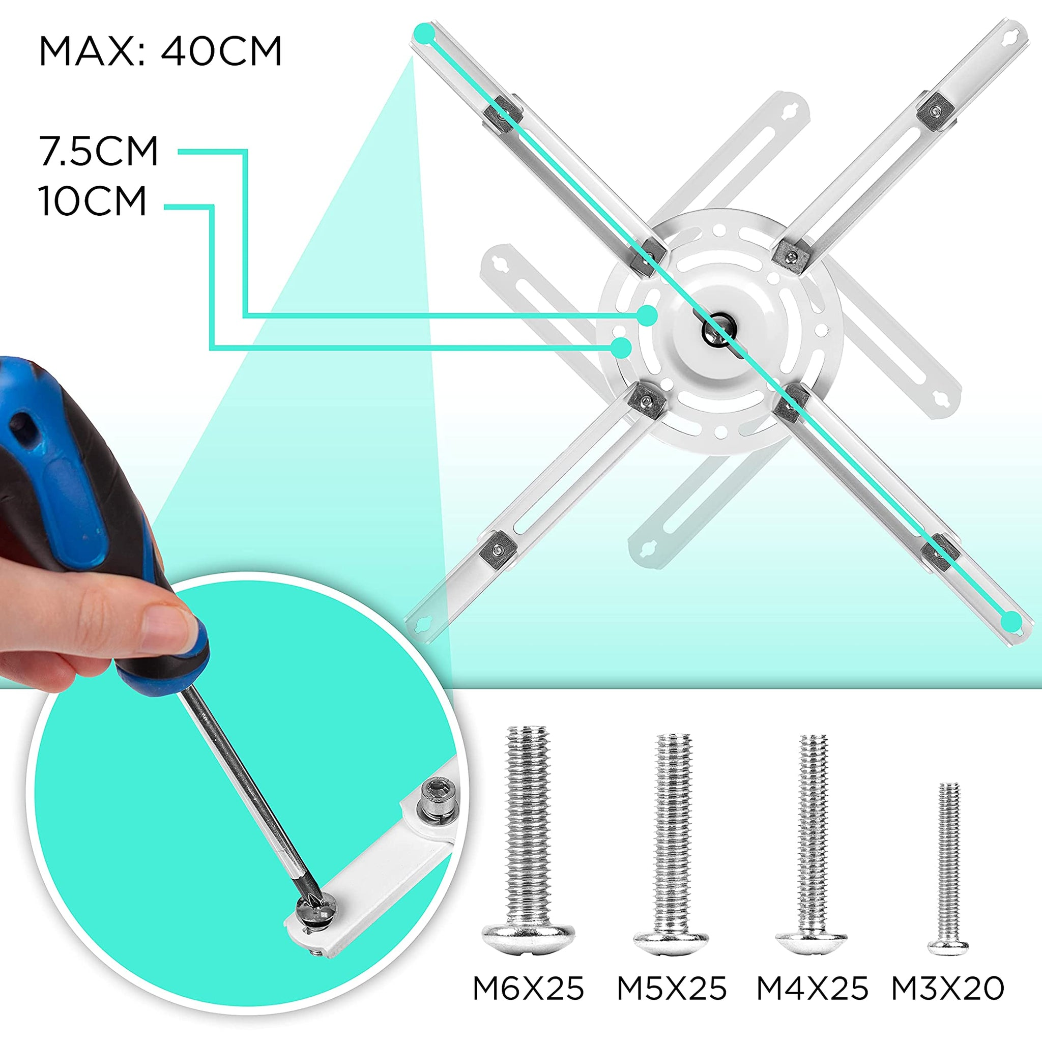 Diagrama que muestra un soporte de proyector con tornillos y un destornillador.