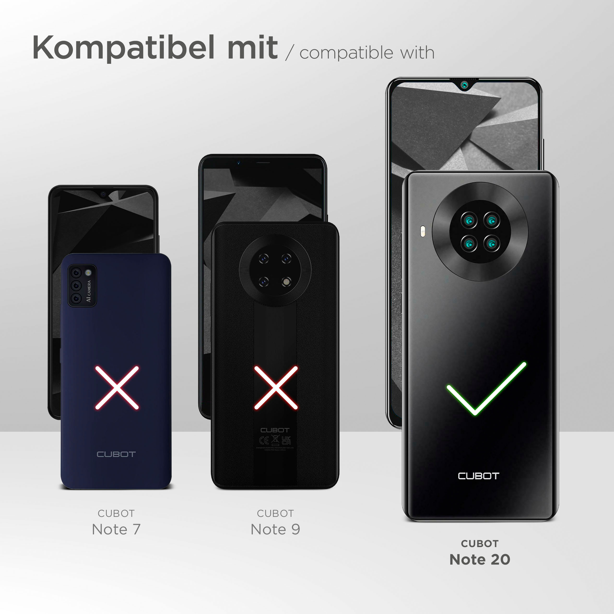 Hüllen für Cubot-Telefone. Rote Xs zeigen Inkompatibilität, grüner Haken Kompatibilität.