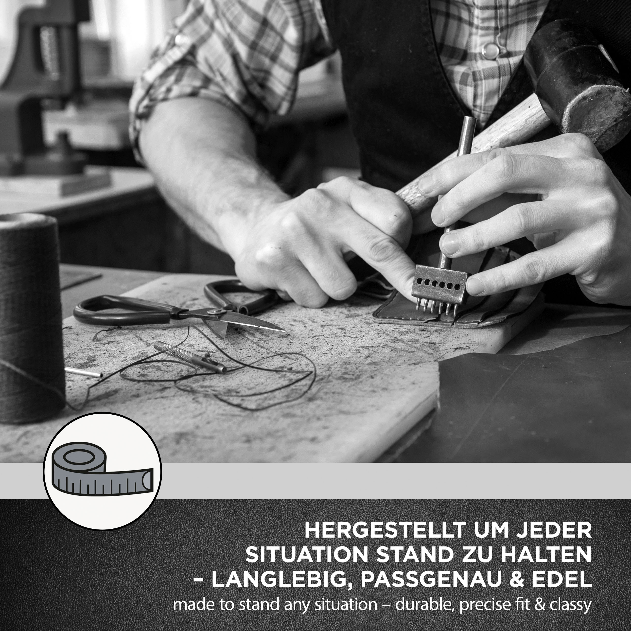 Schwarz-Weiß-Bild von Händen, die Werkzeuge auf Leder verwenden, mit einem Maßband-Symbol.