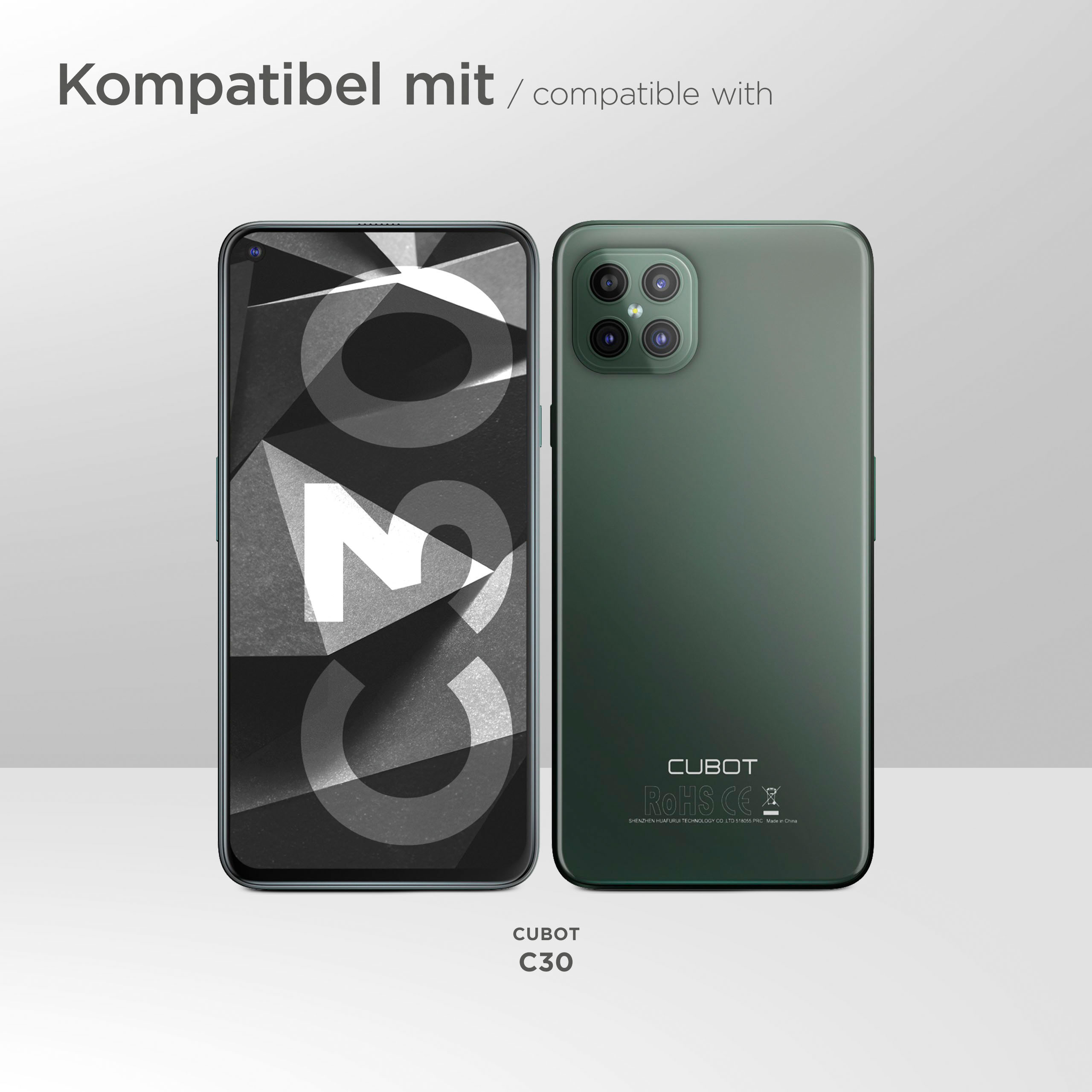 Rotes Telefon mit drei Rückkameras, präsentiert mit transparenter Hülle und kleinerer Version.