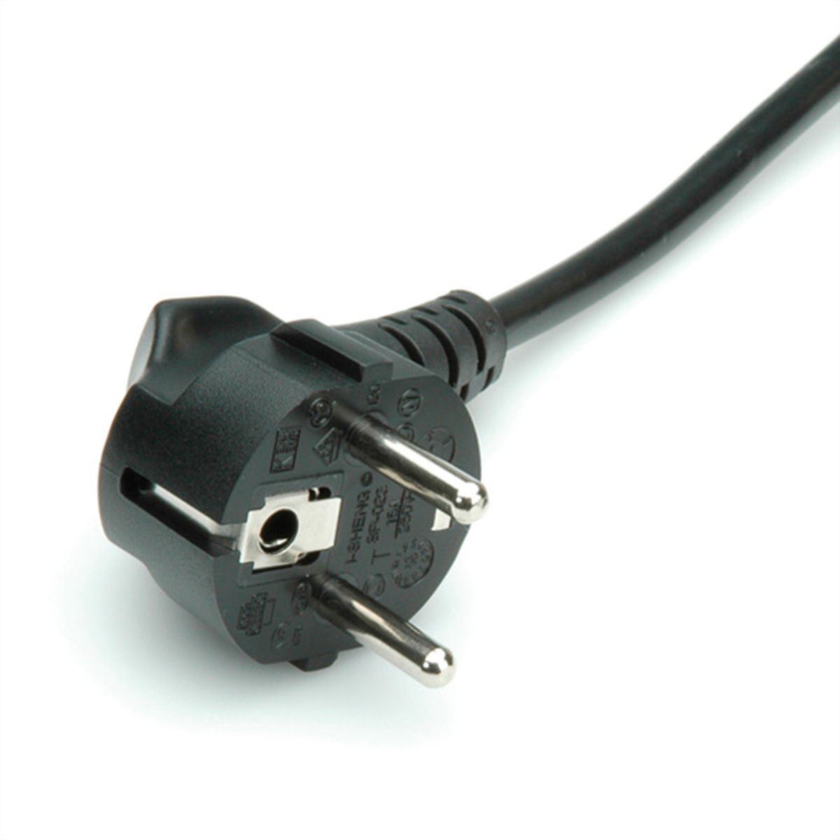 Czarna wtyczka z dwoma bolcami i kołkiem uziemiającym. Jest na białym tle.