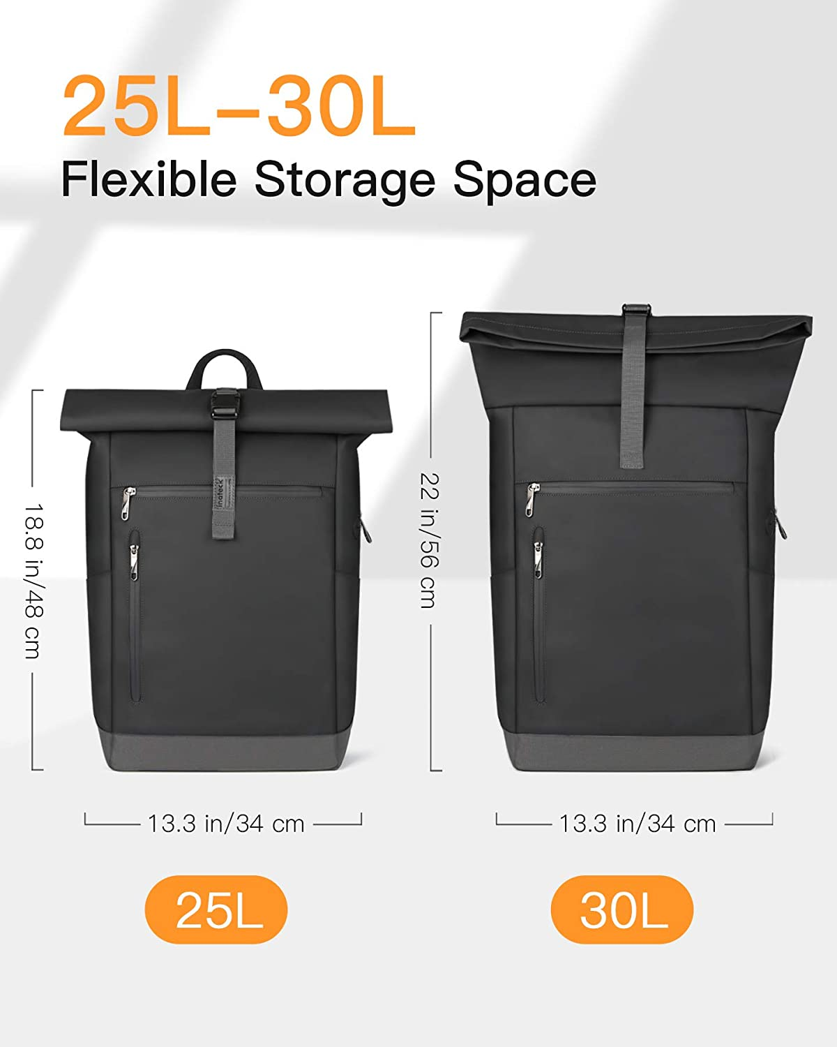 Zwei schwarze Rucksäcke, einer 25L und einer 30L, mit Abmessungen und Textbeschriftungen.