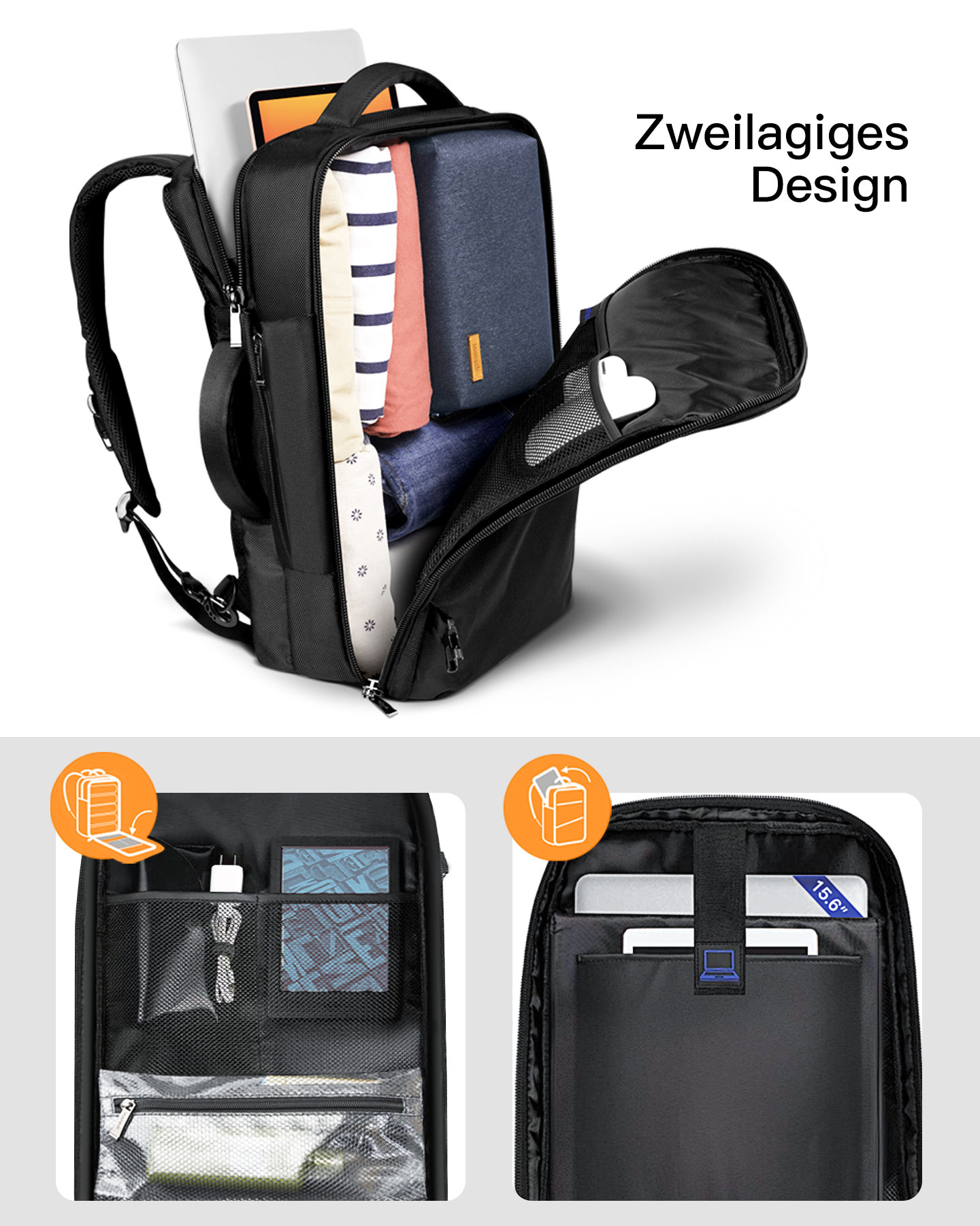INATECK Handgepäck Reiserucksack für 15,6-17 Zoll Notebooks, Flug Genehmigt Rucksack Kabinenrucksack black, Unisex, BP03001_BLACK