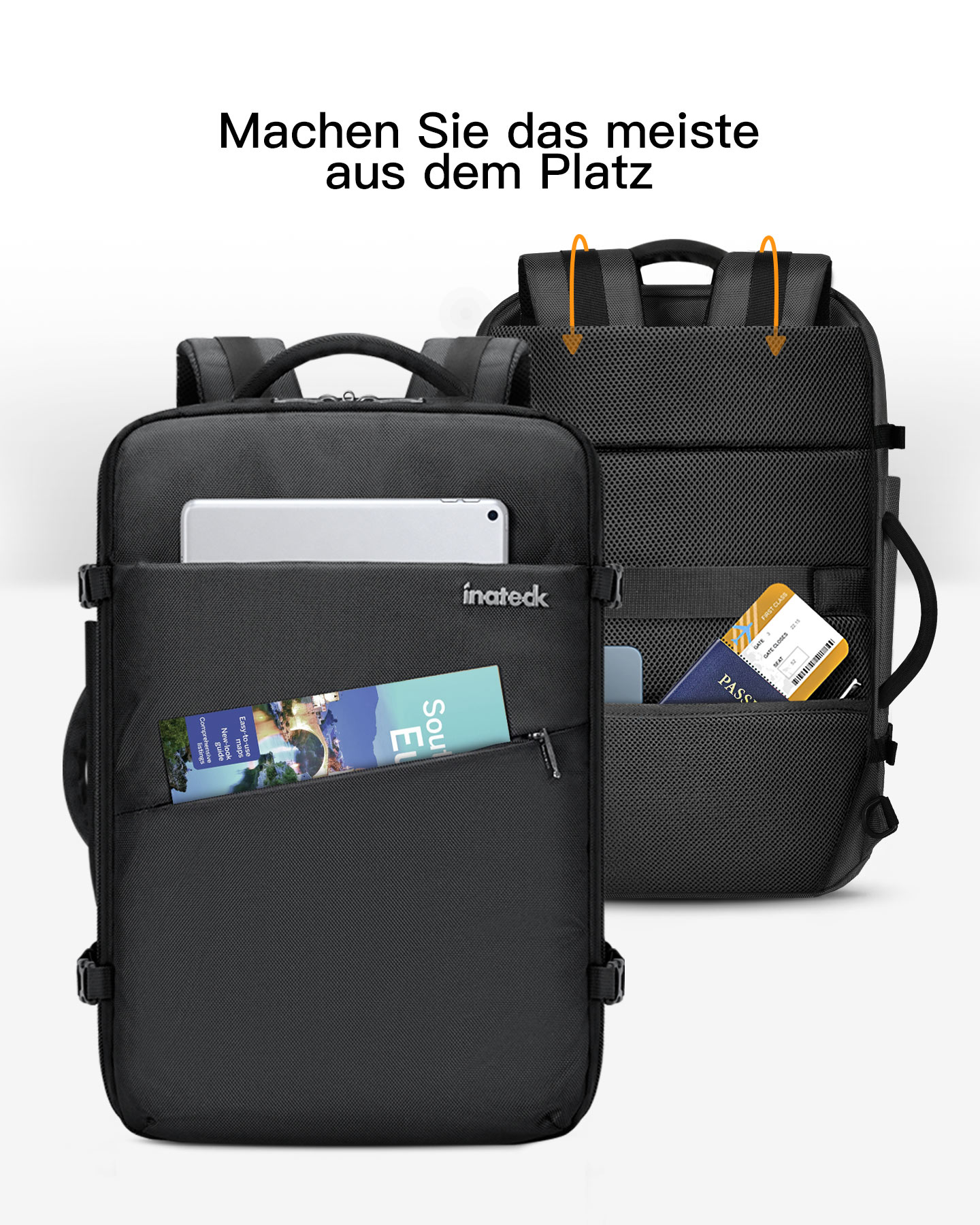 Zwei schwarze Rucksäcke mit offenen Fächern. Einer zeigt ein Tablet, der andere einen Reisepass. Text: Mach das meiste aus dem Platz.