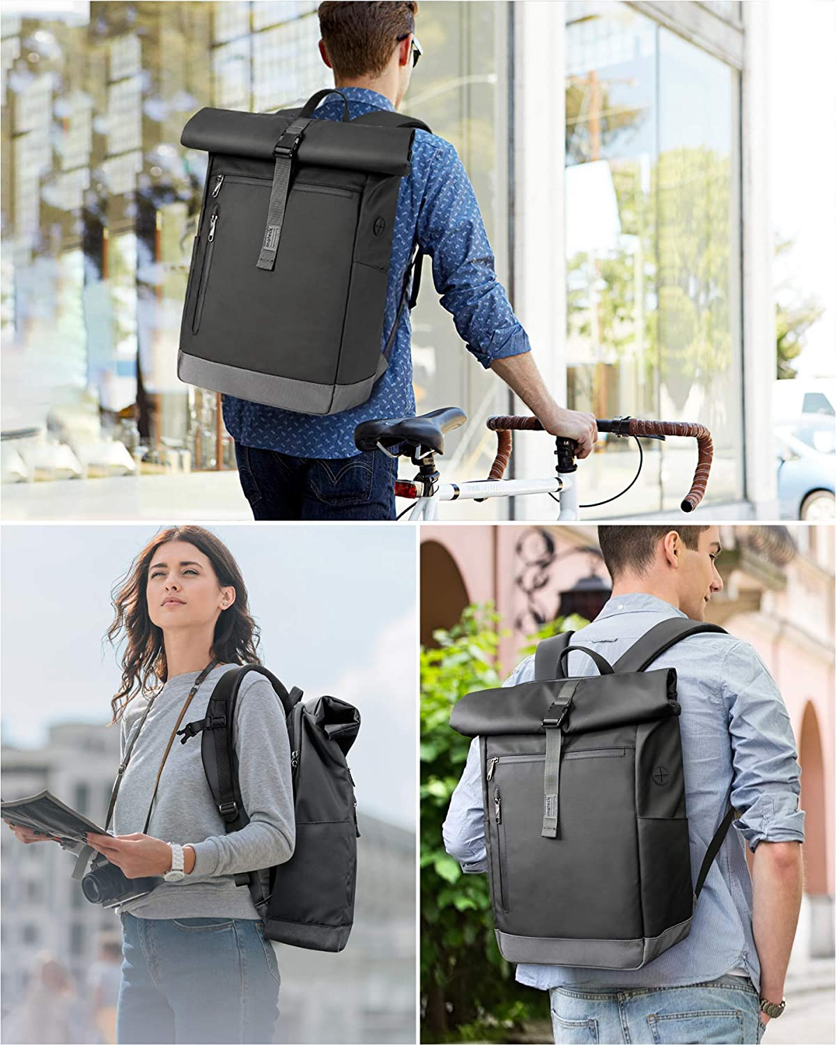 Eine Collage von Menschen mit einem Rucksack, die ihn in verschiedenen Situationen zeigen.
