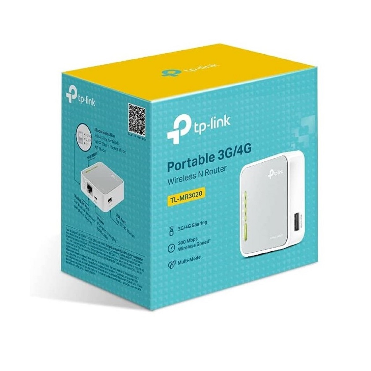 Caja para un router inalámbrico N portátil 3G/4G. Caja turquesa, con imagen del router. Fondo blanco.