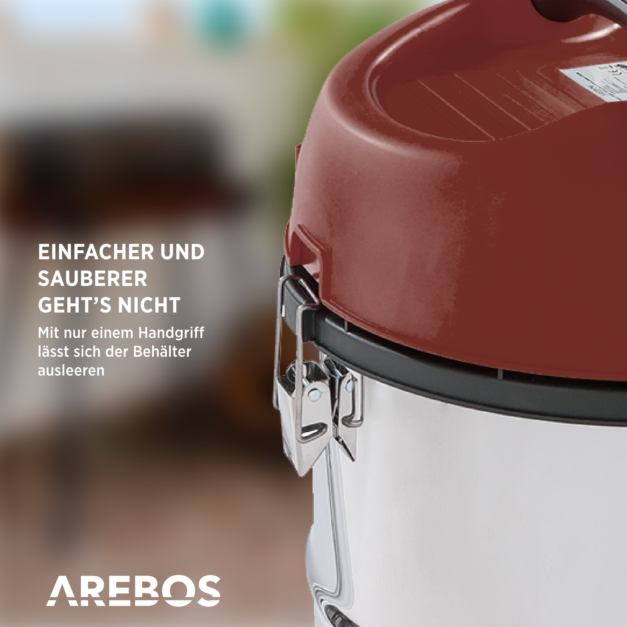 Nahaufnahme eines roten und silbernen Staubsaugers mit dem Text: EINFACHER UND SAUBERER GEHT'S NICHT.